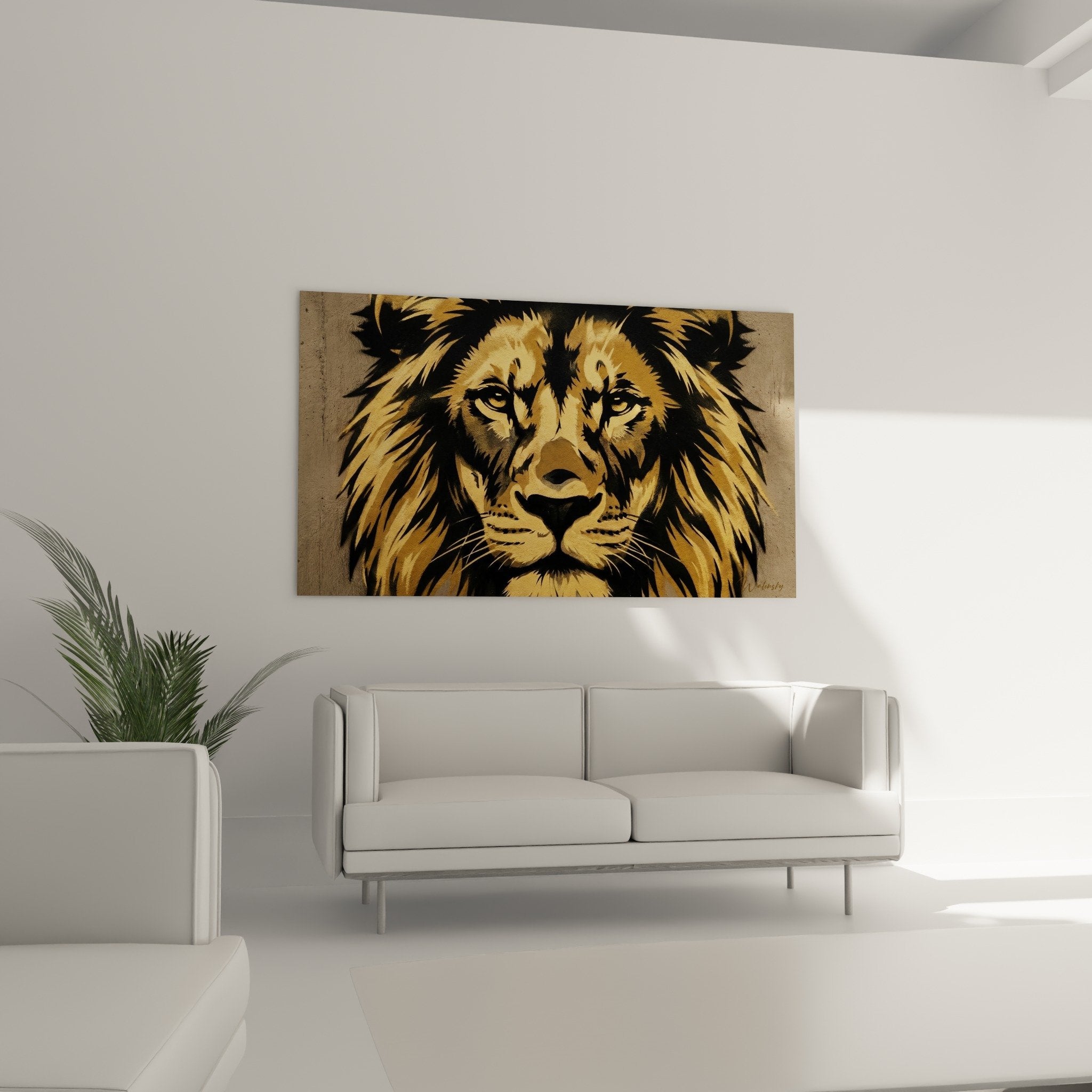 Gros plan portrait lion street art pochoir tons dores yeux perçants criniere detaillee