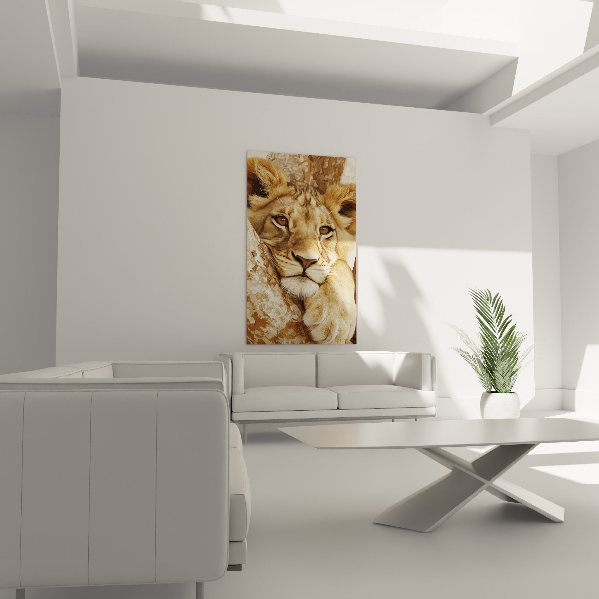 Detailed lion portrait with amber gaze golden mane fur textures animal art