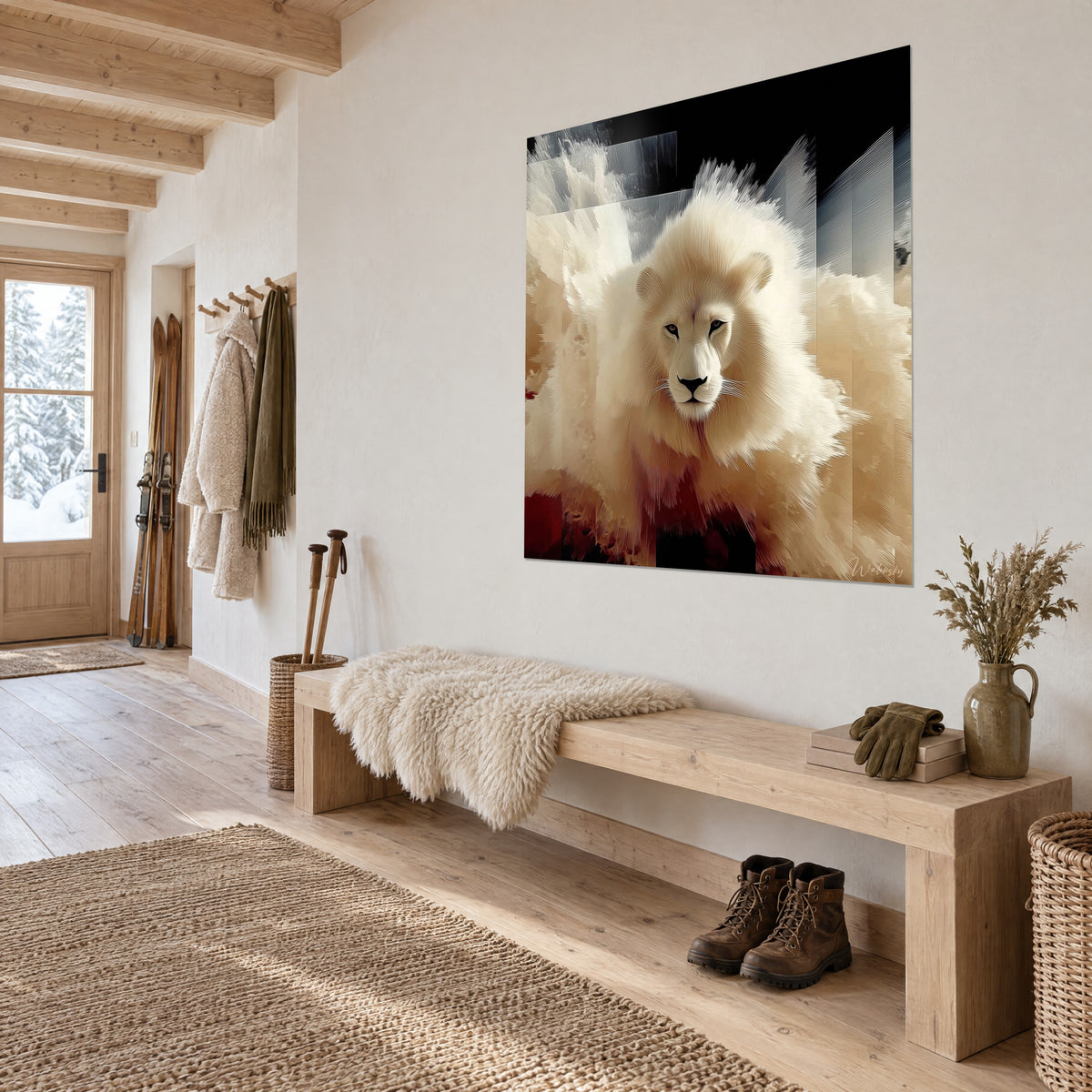 Wall art majestic big cat with ivory fur and golden highlights, blue-grey glass panels, above a wooden bench in a mountain chalet