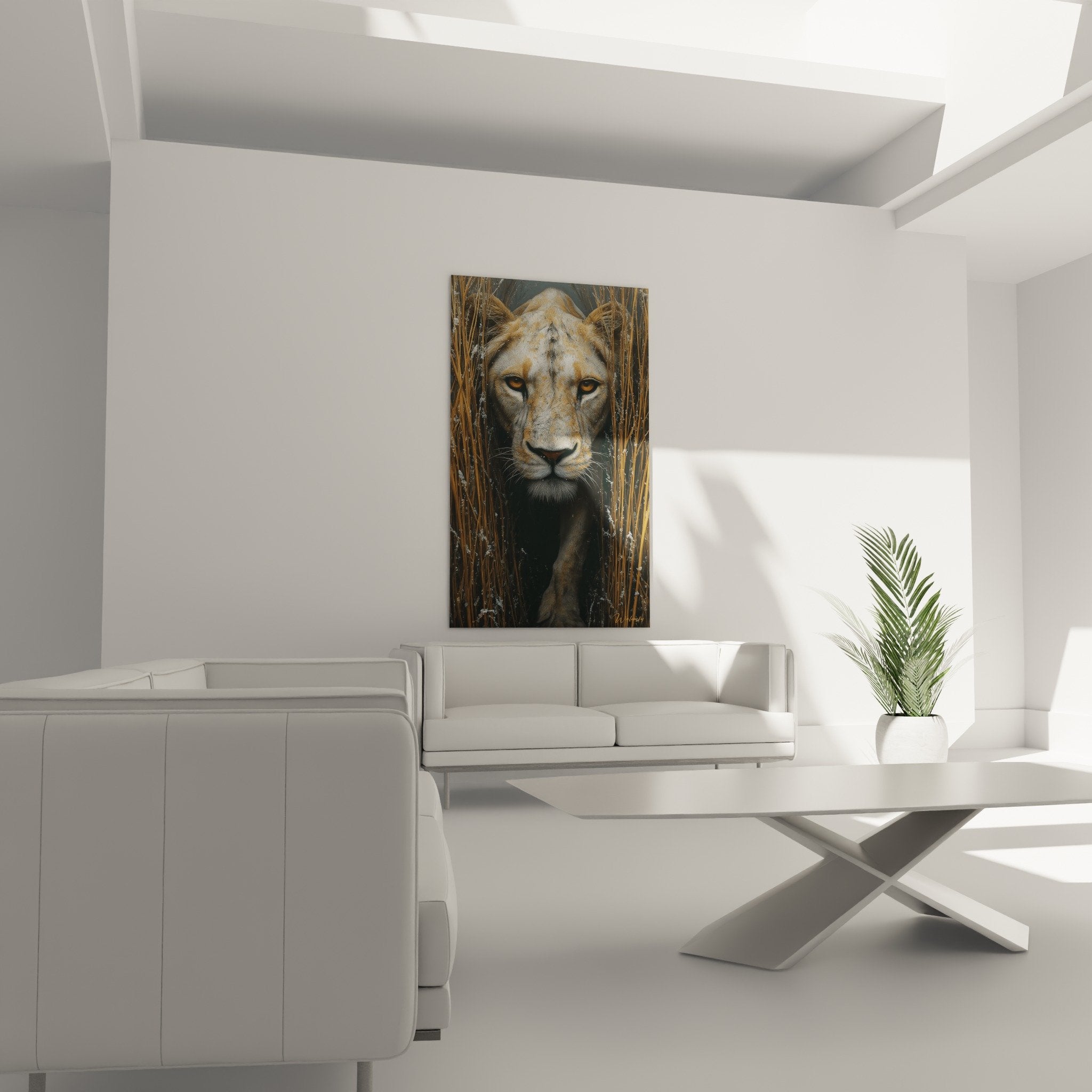 Detailporträt einer Löwin in wilden Farben - Intensiver bernsteinfarbener Blick in goldenem Grün