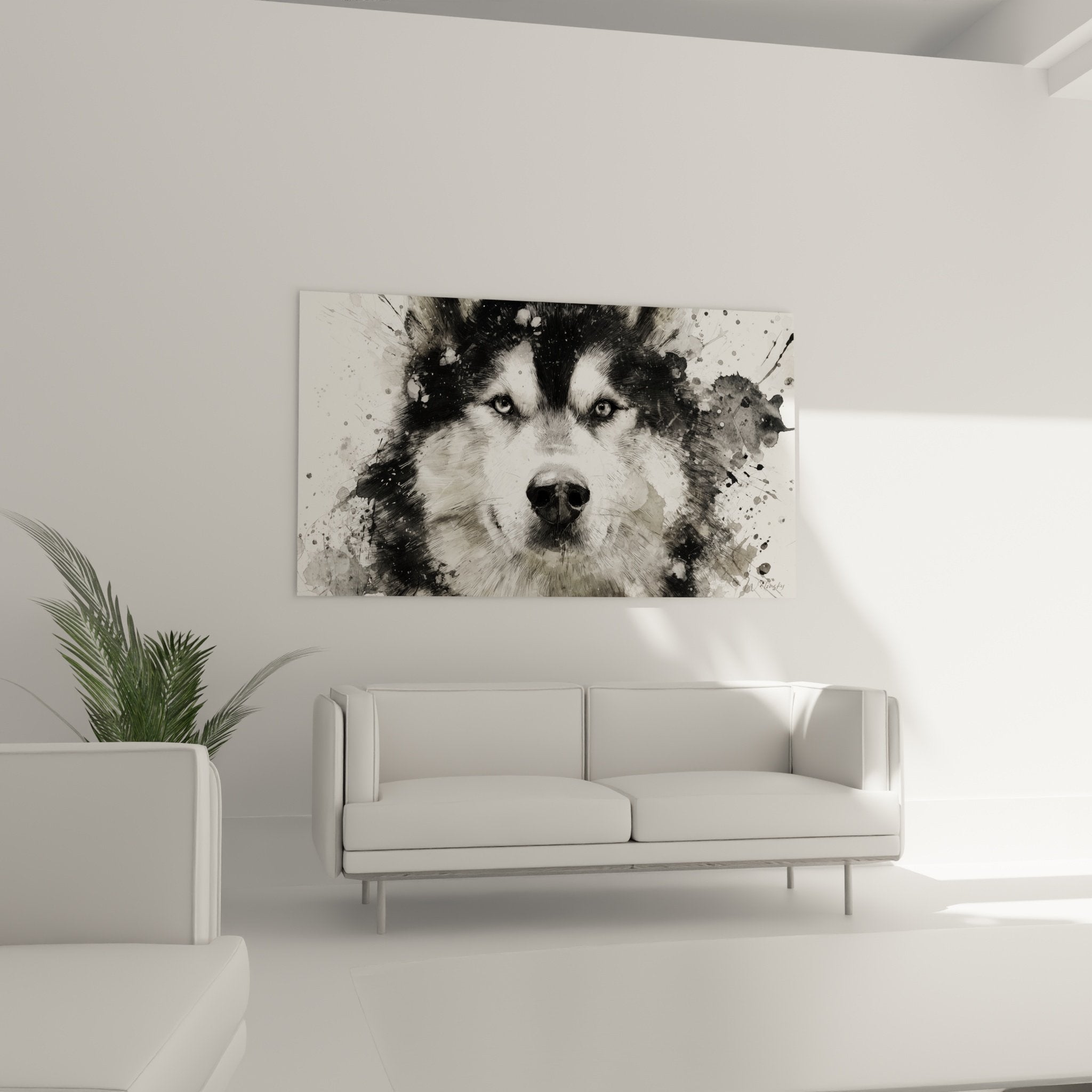 Detail portrait Malamute Alaska regard bleu intense pelage noir blanc technique realiste