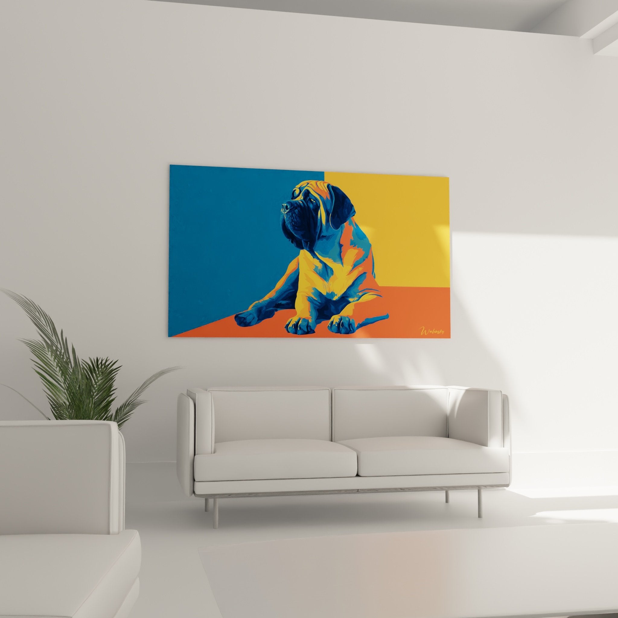 Detail portrait mastiff anglais pop art texture couleurs bleu orange style contemporain