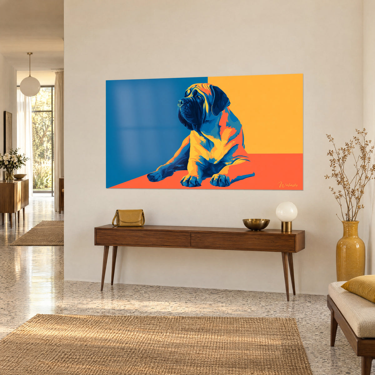 Πίνακας με ξαπλωμένο μολοσσό σε επίπεδα pop art βαθυκύανου και κροκού, πορτοκαλί πόδια, τρίτο προφίλ πάνω σε ξύλινη κονσόλα