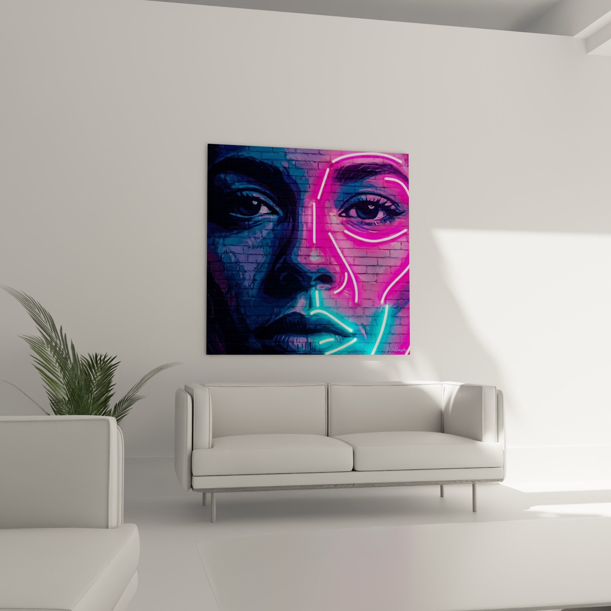 Detail portrait feminin neon fluorescent rose turquoise art urbain