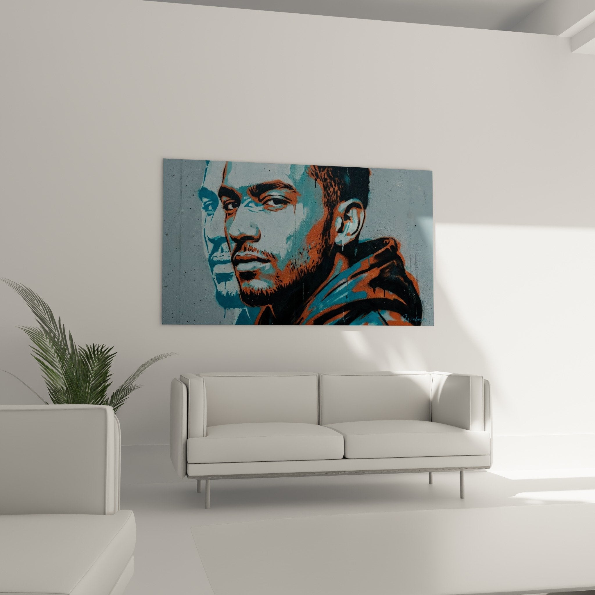 Detail portrait pochoir homme barbe tons turquoise cuivre technique urbaine coulures peinture