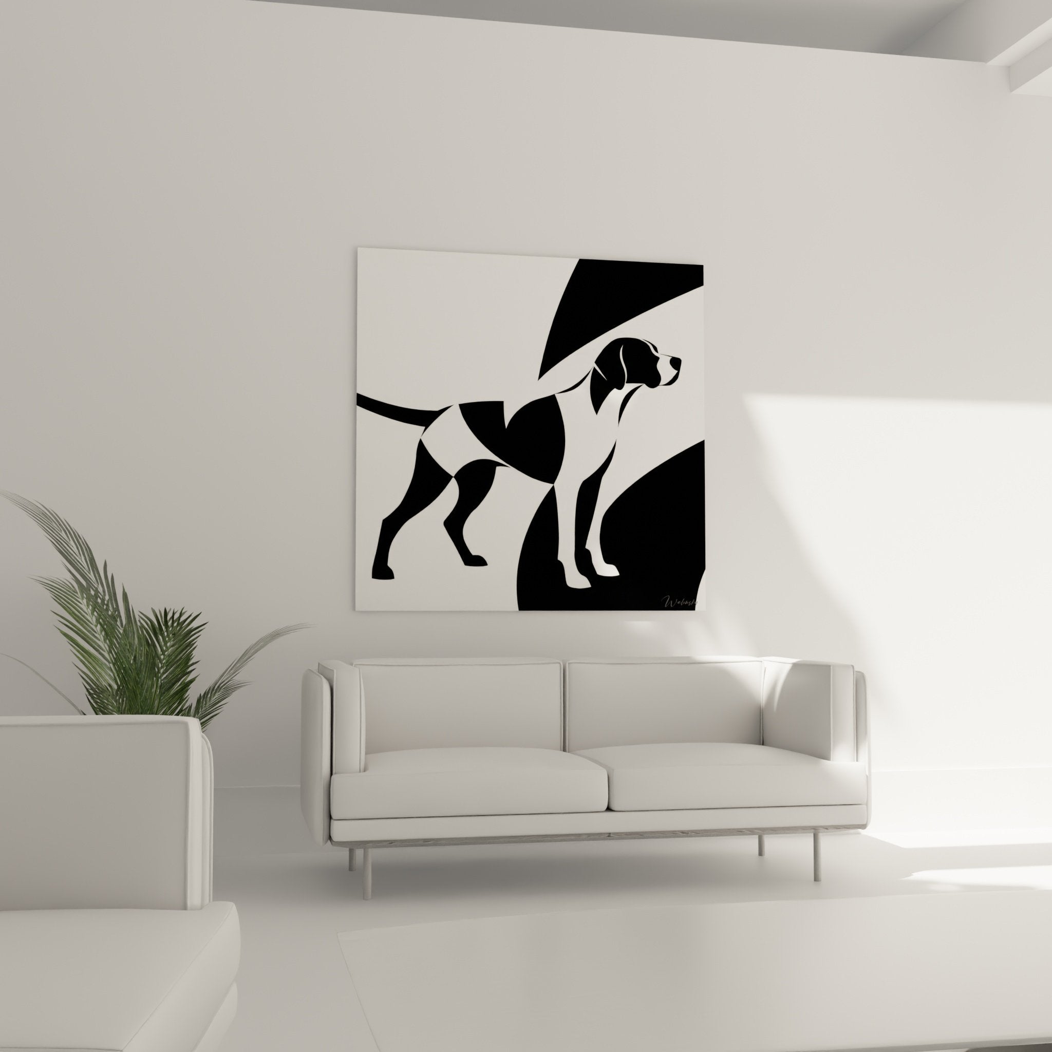 Dettaglio del ritratto stilizzato dell'English Pointer che mostra i contrasti geometrici bianco e nero