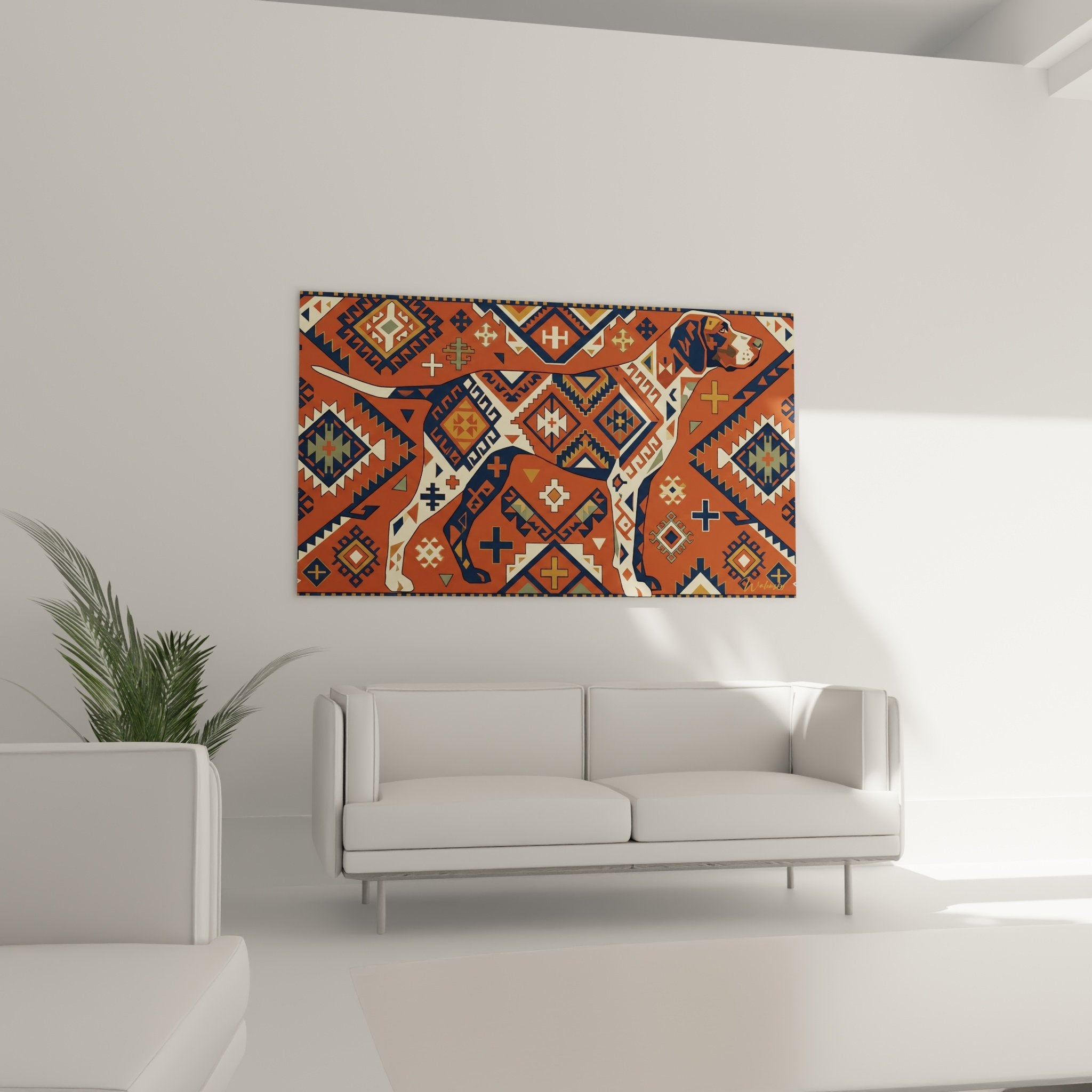 Détail portrait Pointer Anglais intégré dans mosaïque géométrique ethnique tons cuivrés