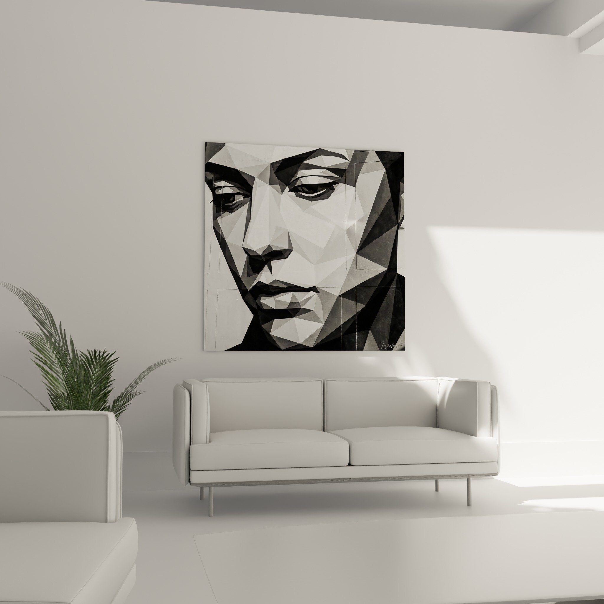 Detailaufnahme geometrisches Porträt Dreiecke Schwarz Weiß Grau Nuancen polygonale Facetten urbane moderne Kunst