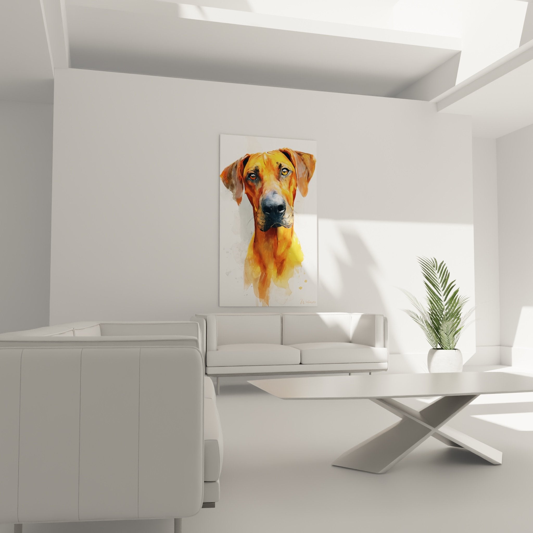 Détail portrait aquarelle Rhodesian Ridgeback yeux ambrés technique picturale dégradés orangés