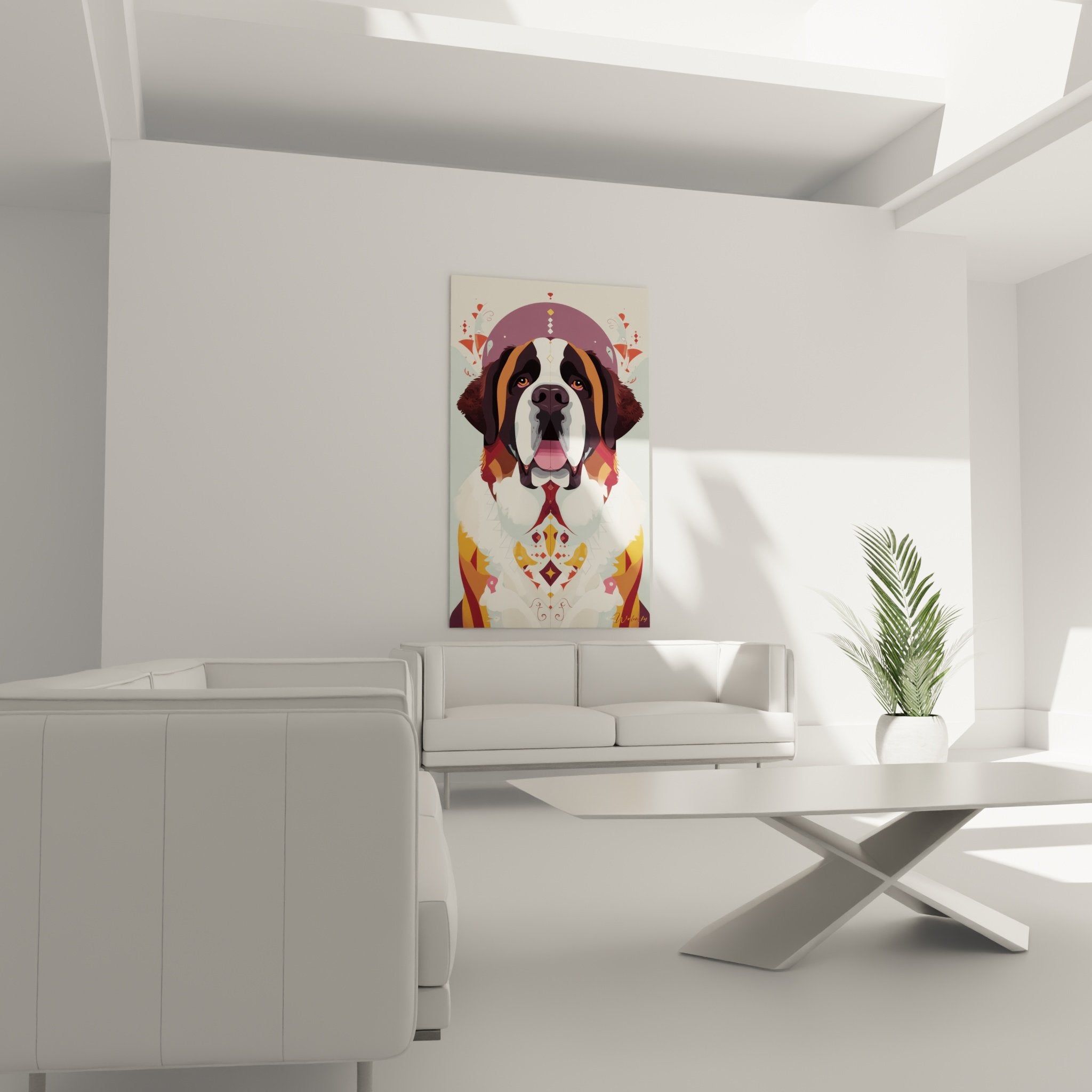 detail portrait saint bernard yeux ambres motifs tribaux coloris violet orange art geometrique