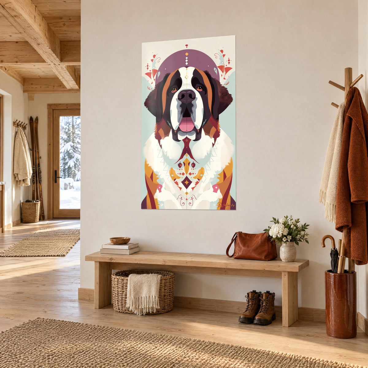Graphic dog portrait wall art, brown ears, cream chest and saffron diamonds, on the wall of an entryway in wood and stone