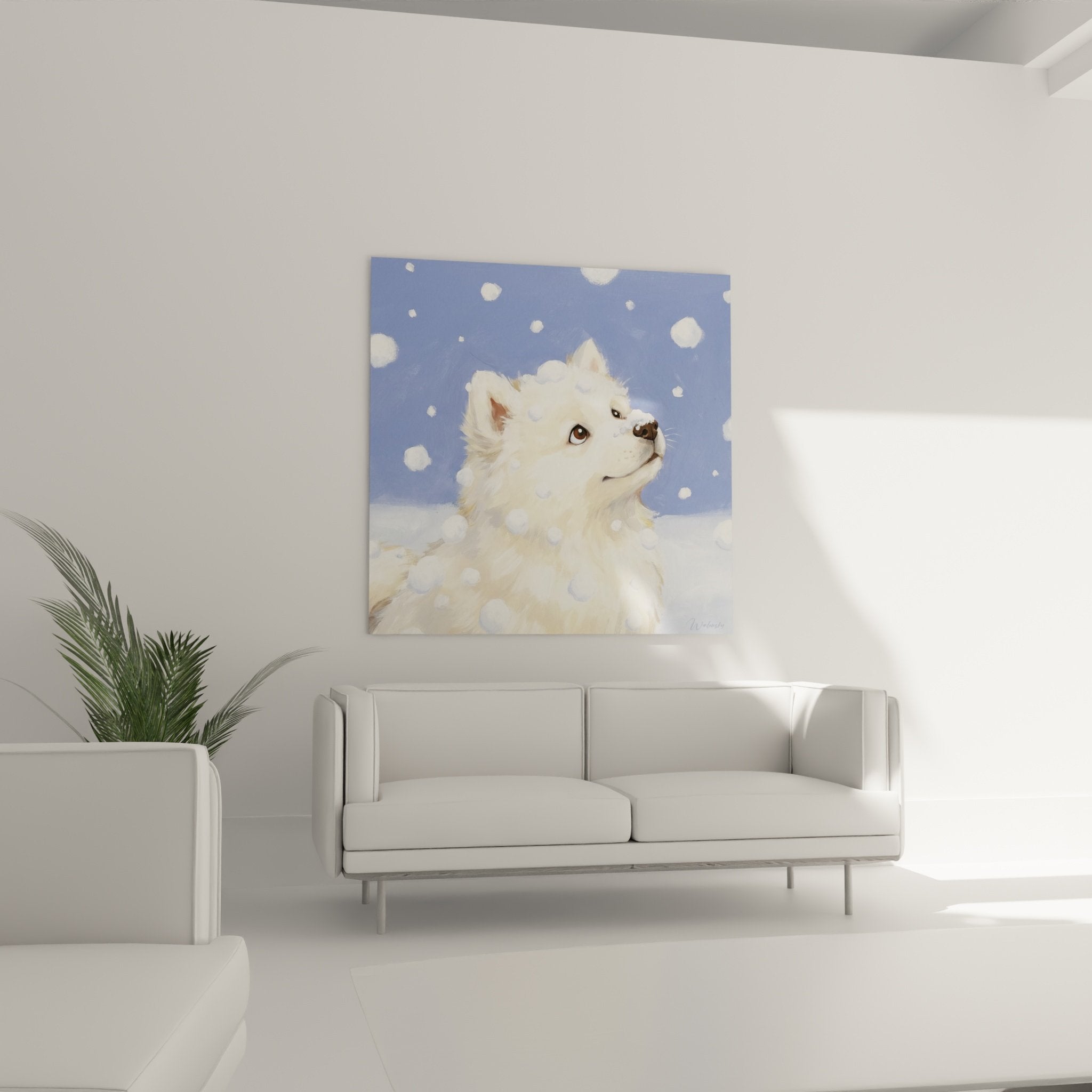 Detail portrait Samoyede aux yeux bruns avec flocons de neige stylises