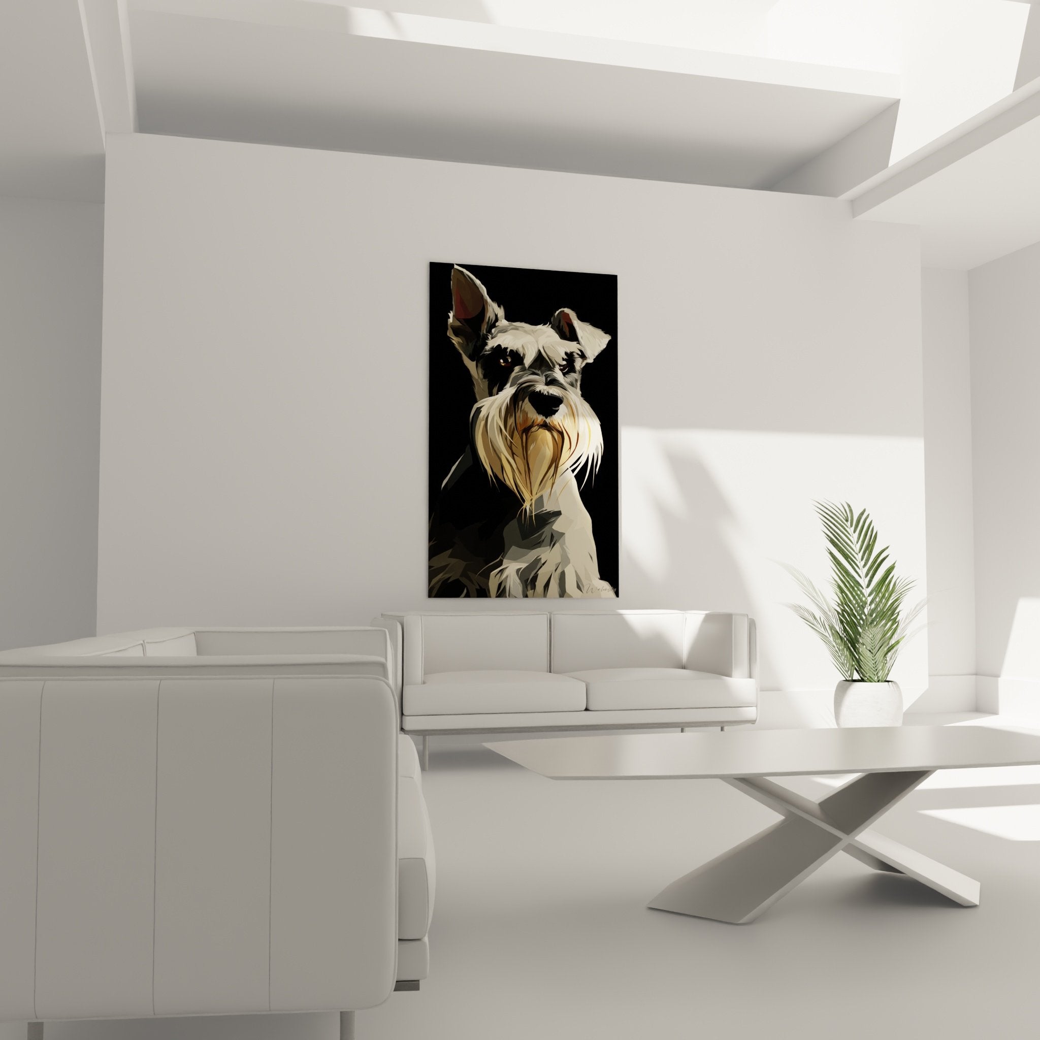 Détail rapproché portrait Schnauzer, barbe blanche et oreilles dressées, nuances de gris subtiles