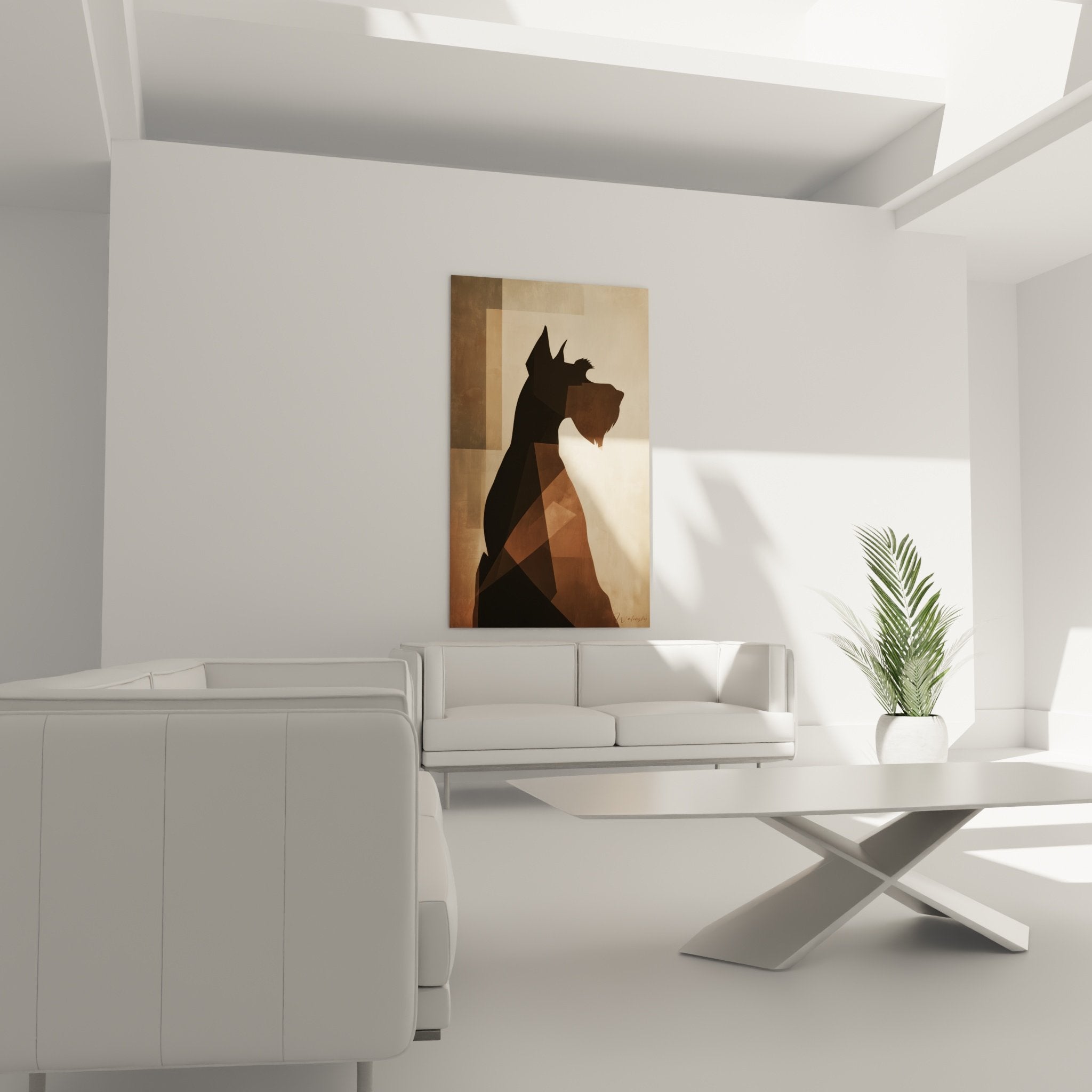 Détail rapproché du portrait Schnauzer cubiste montrant les facettes géométriques et nuances dorées de l'œuvre