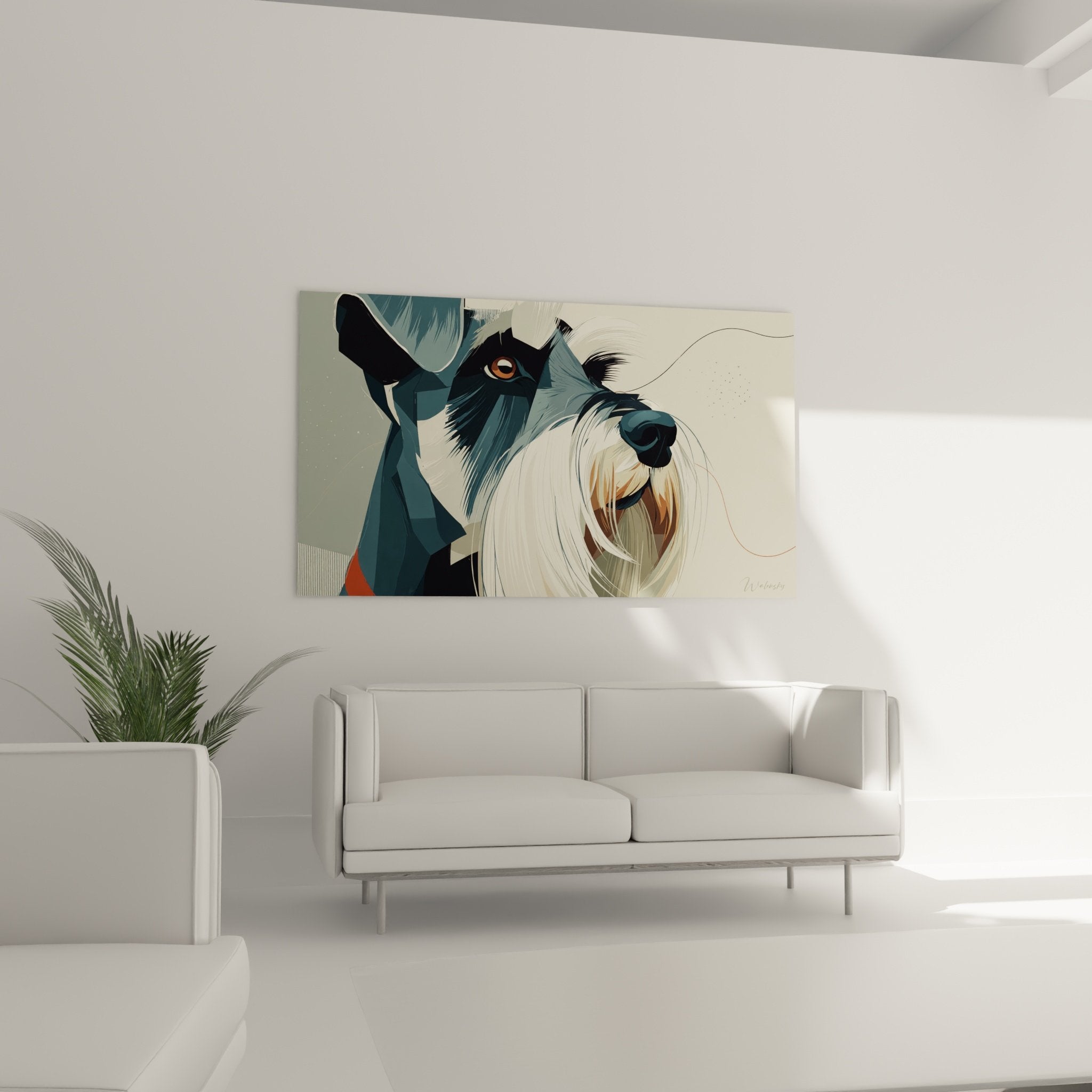 detail portrait schnauzer artistique pelage gris blanc regard ambre style moderne