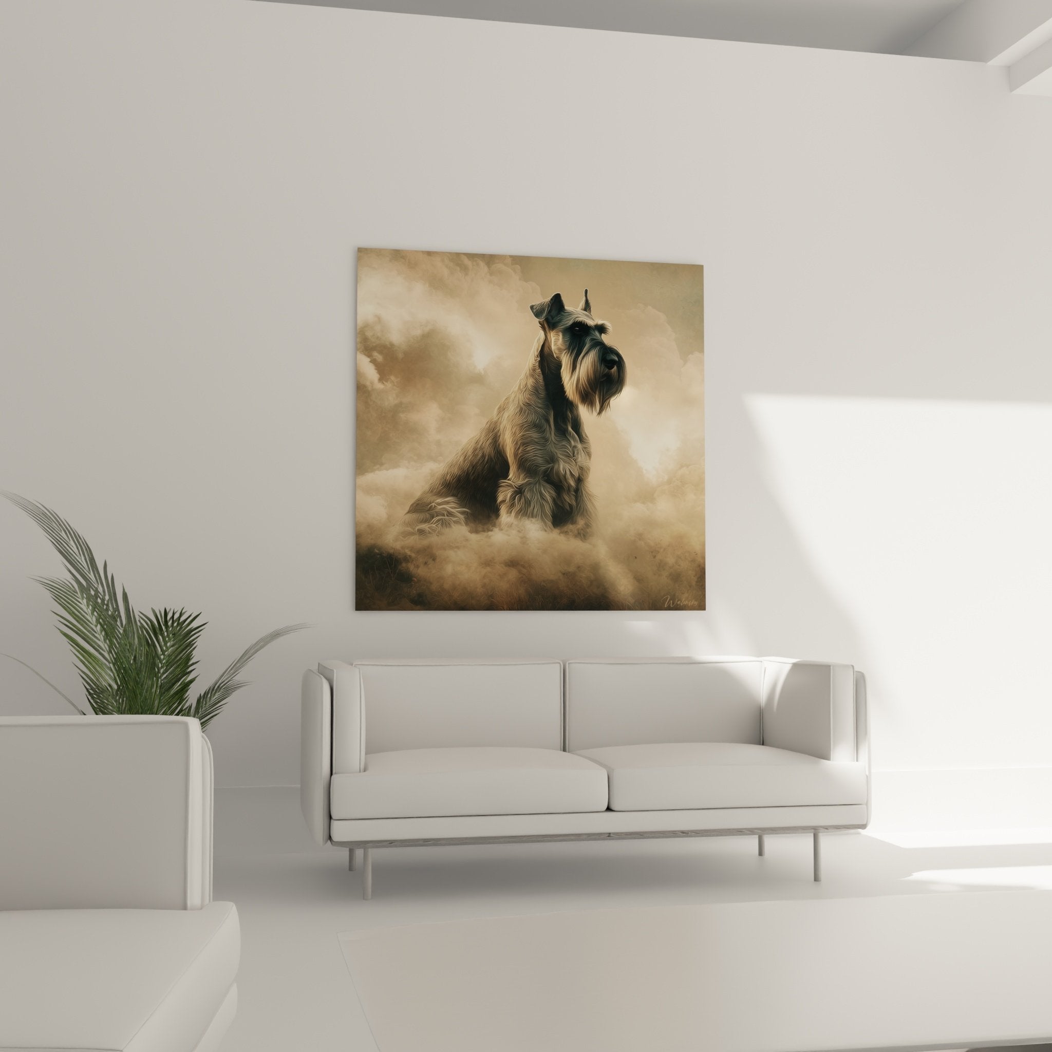 Détail portrait schnauzer gris aux poils texturés dans atmosphère vaporeuse dorée