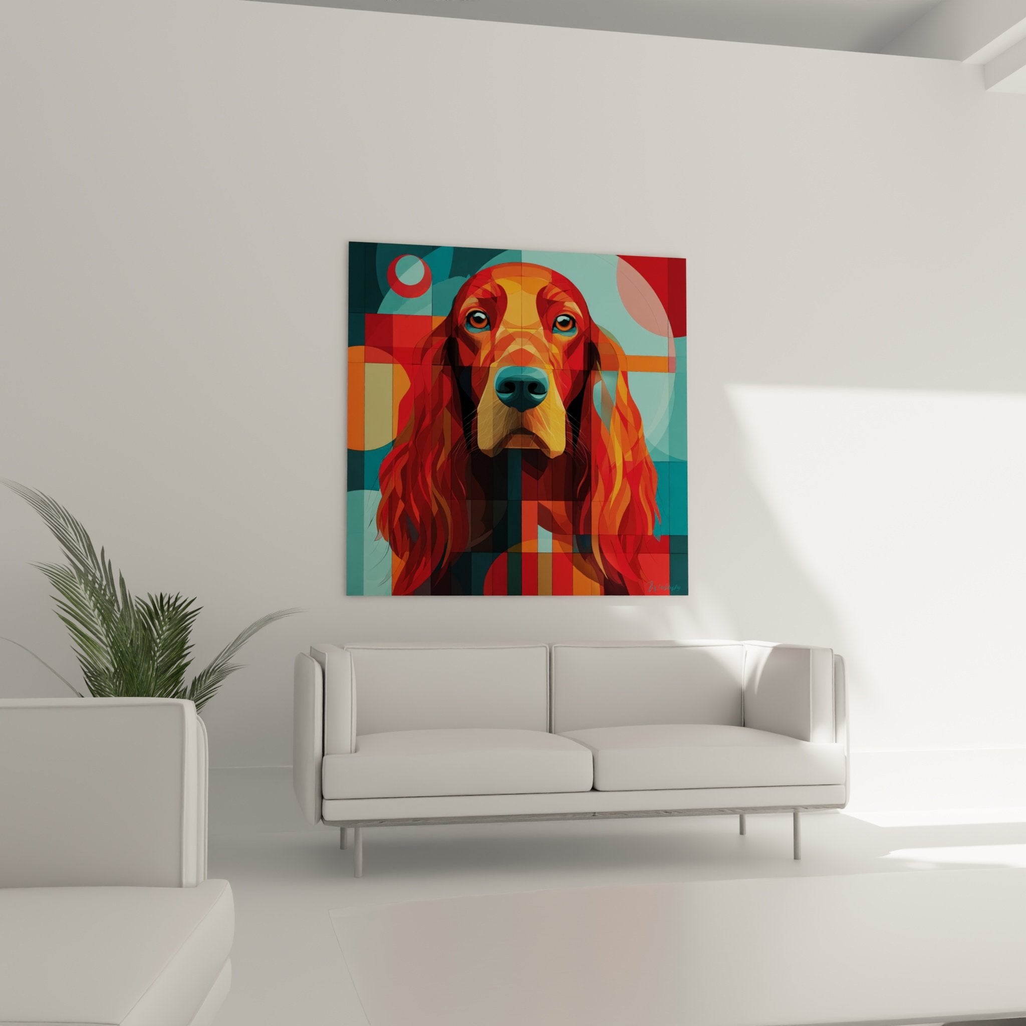 Détail rapproché portrait Setter Irlandais yeux expressifs pelage roux orange géométrie artistique moderne
