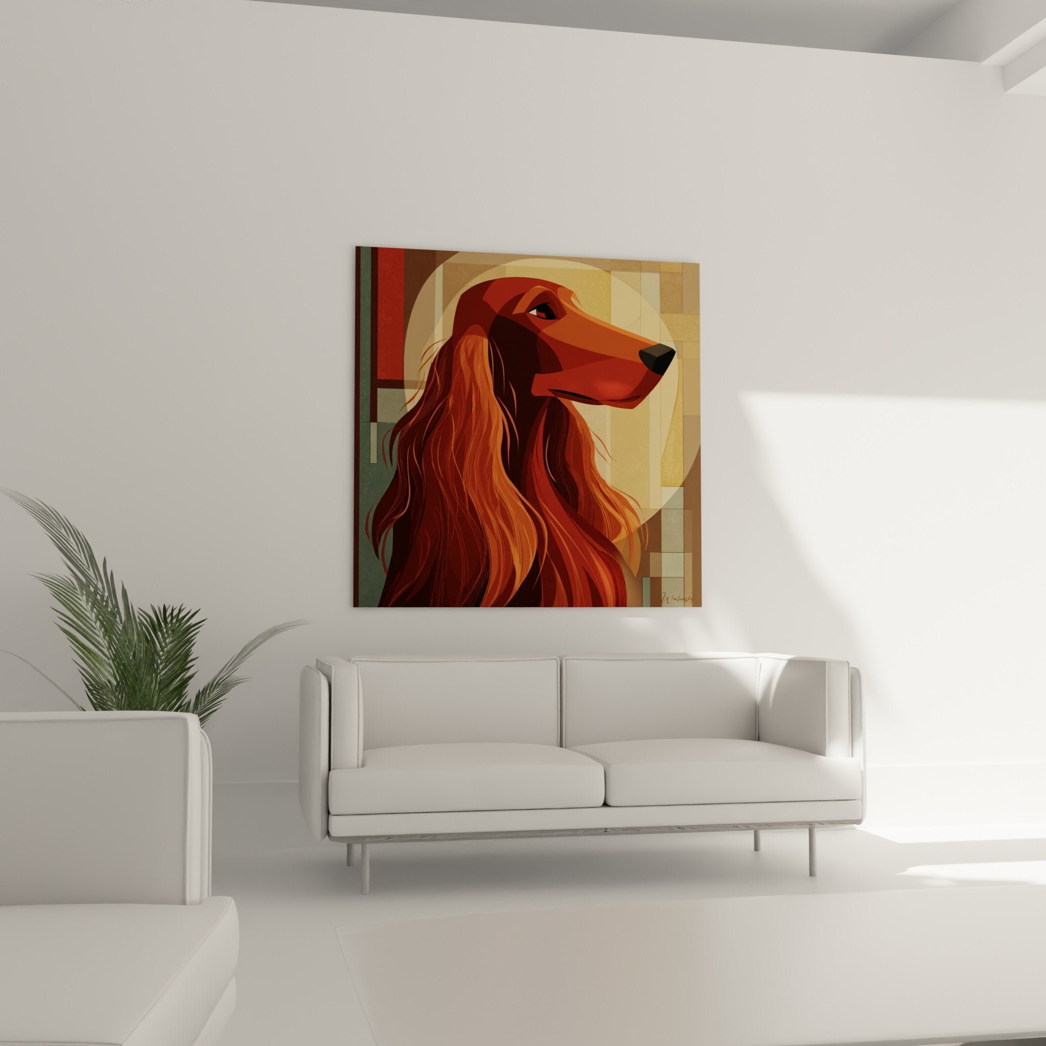 Détail du portrait géométrique Setter Irlandais montrant le pelage roux flamboyant et le regard expressif