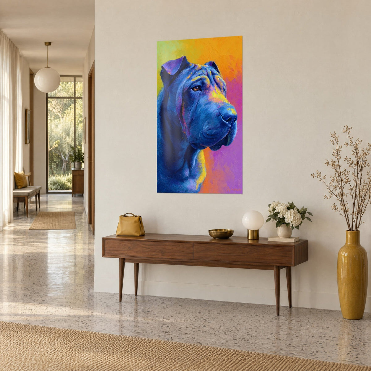 Tableau chien ridé bleu nuit au regard ambré, fond mauve et orangé, accroché au-dessus d'une console en bois, couloir clair