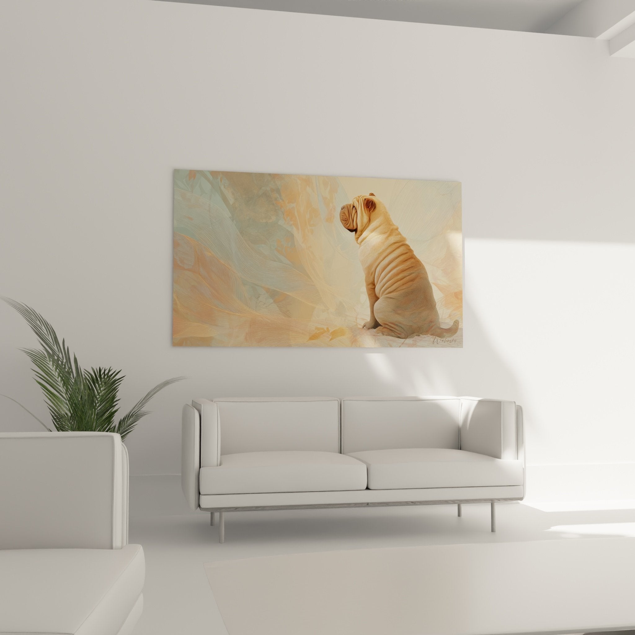 Détail du portrait de Shar Pei aux nuances ocre et orangées avec textures artistiques raffinées