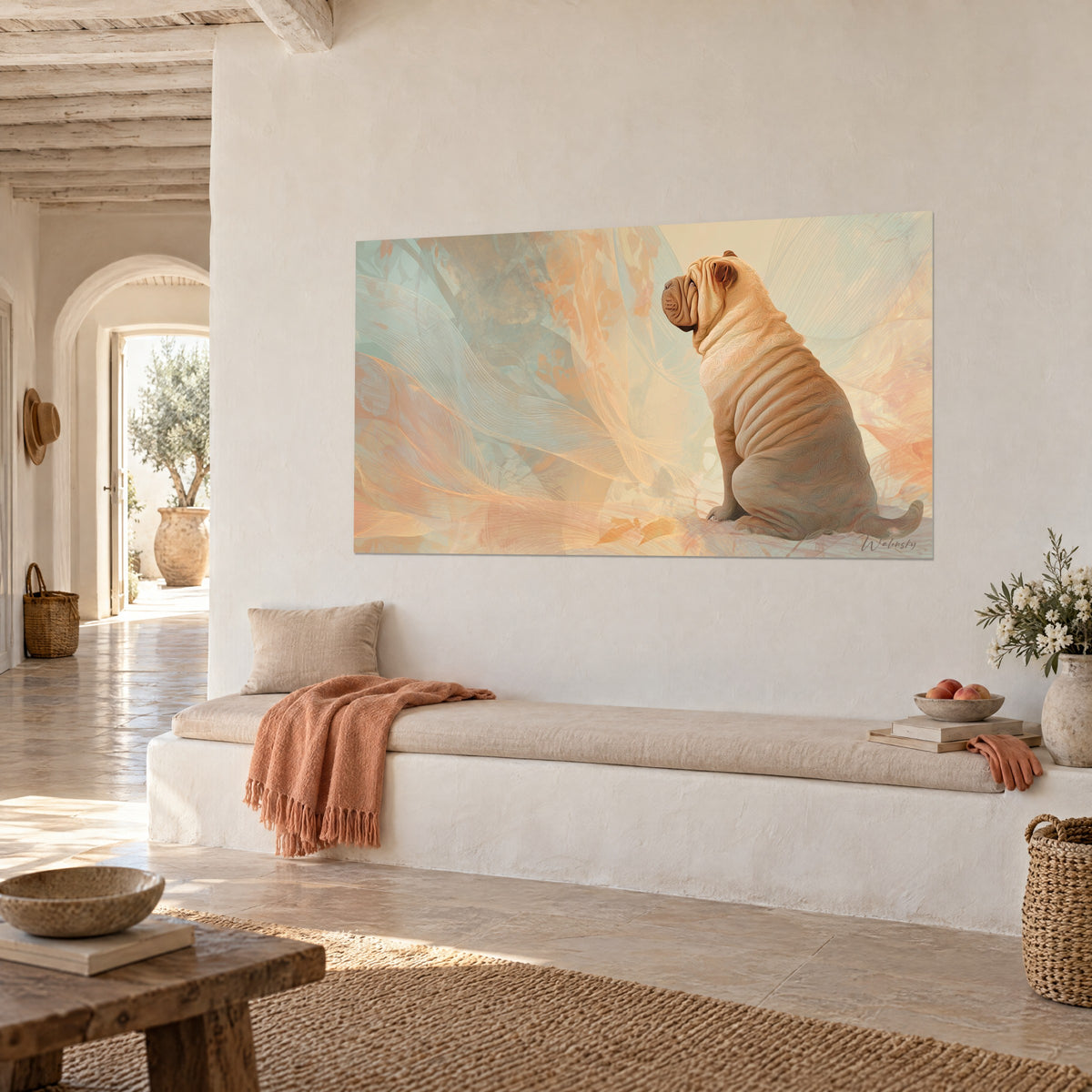 Πίνακας ρυτιδωμένου Mastiff σε χρώμα άμμου που κοιτάζει αριστερά, αποχρώσεις ροδάκινου και γαλαζοπράσινου, λευκός τοίχος μεσογειακού σπιτιού