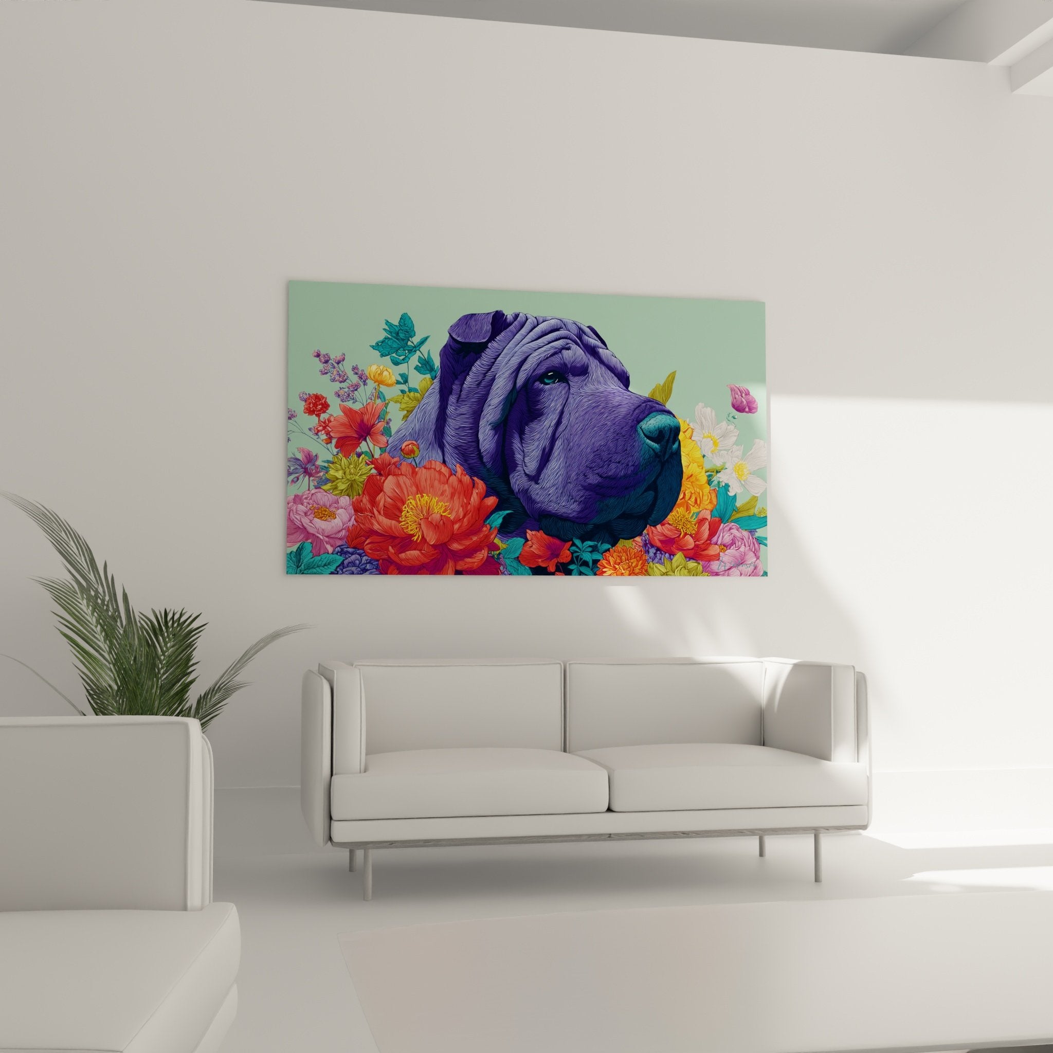 Shar-Pei-Porträtdetail in Violett, Smaragdblick, charakteristische Falten, raffinierte künstlerische Texturen