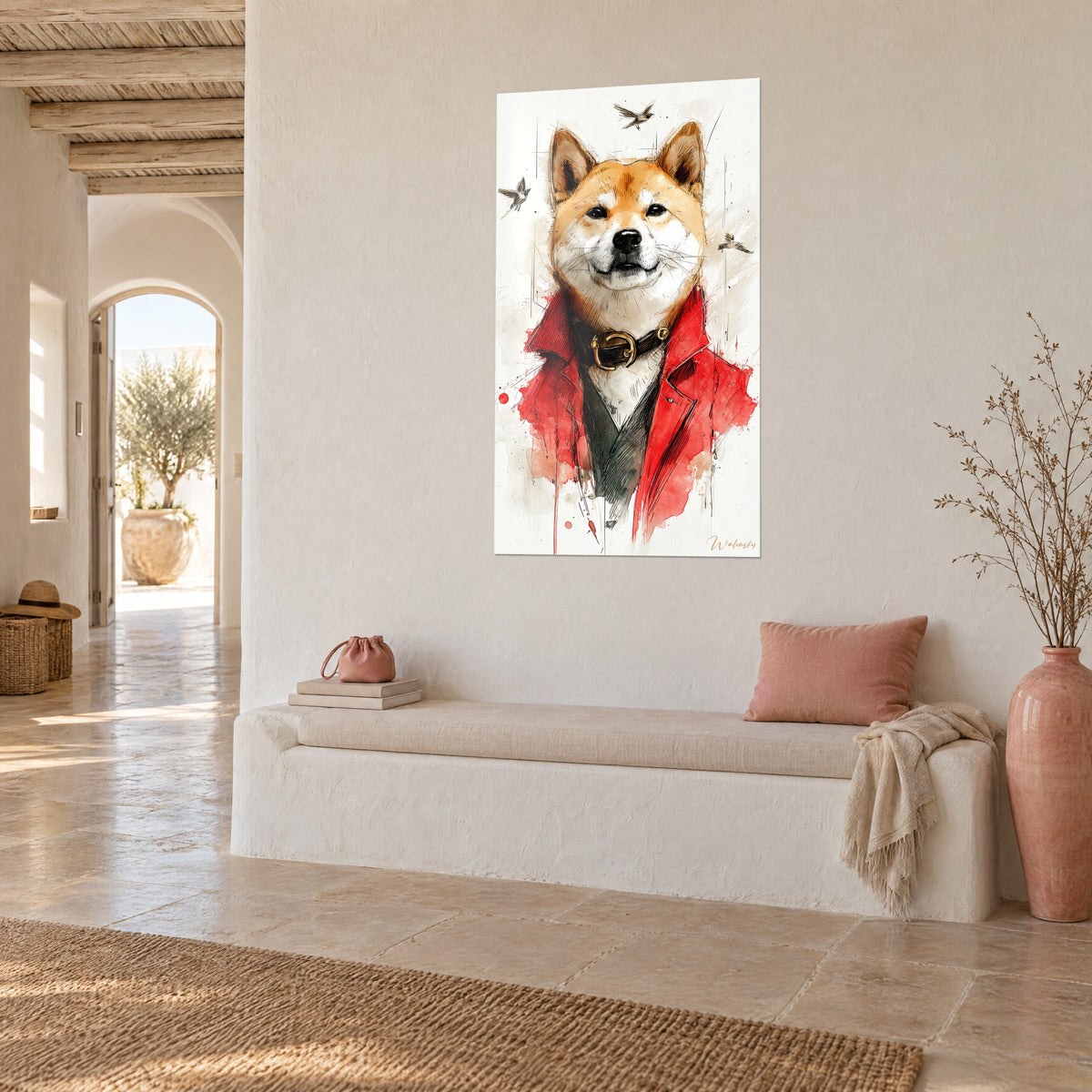 Quadro cane akita aristocratico in giacca scarlatta, muso bianco e macchie di acquerello rosso, parete color crema di una casa mediterranea