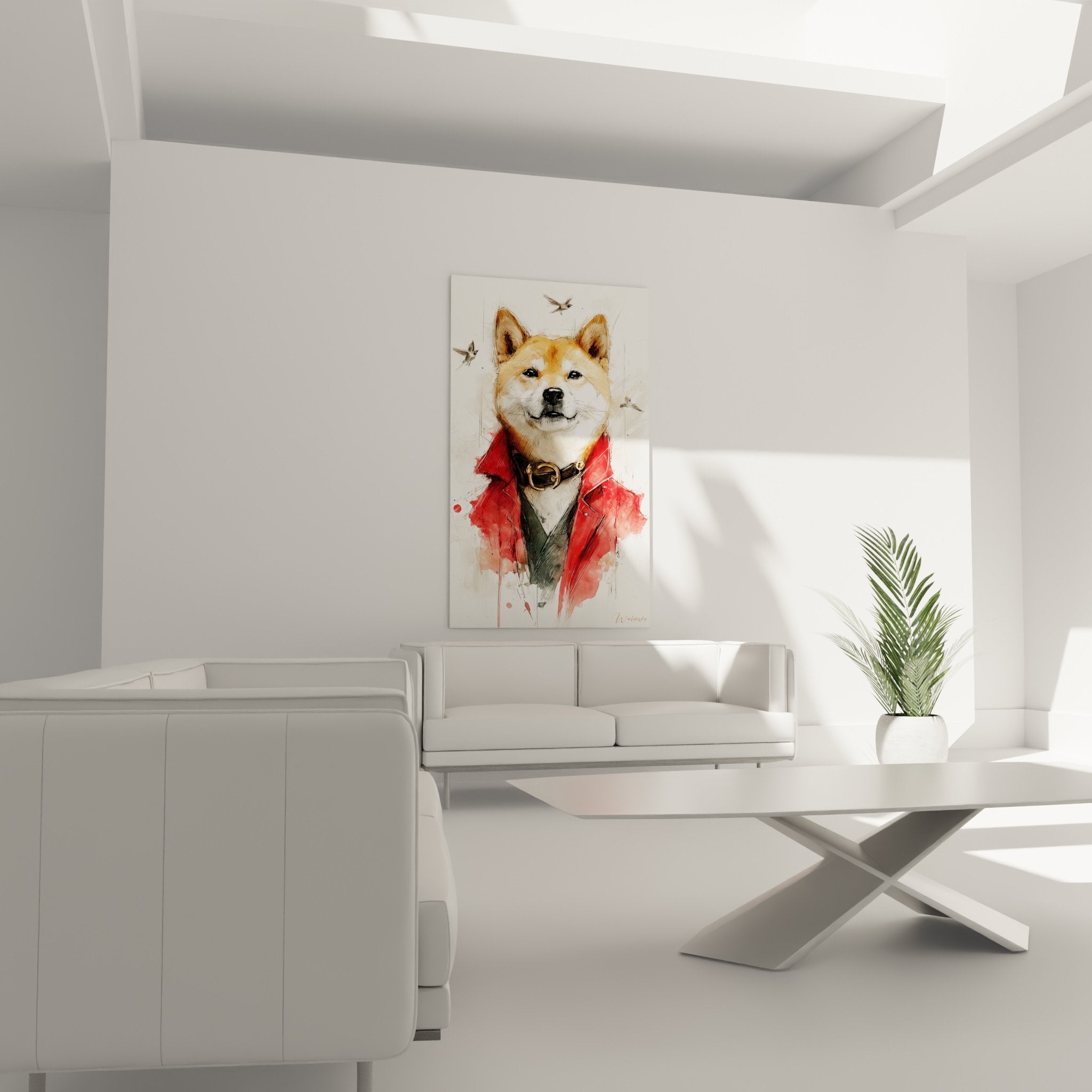 Detail portrait Shiba Inu costume rouge ecarlate technique aquarelle coulures artistiques