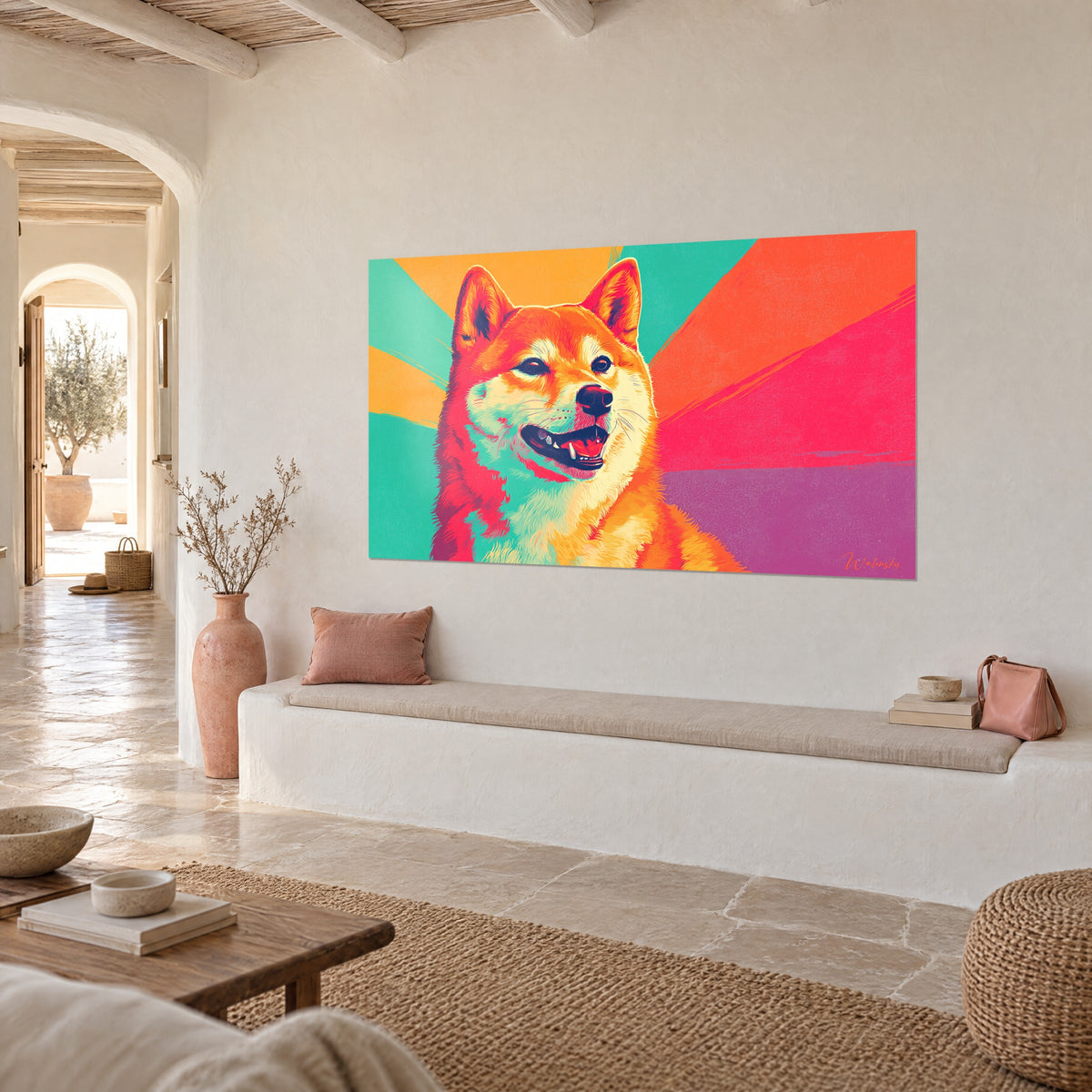 Πίνακας πορτρέτου κοκκινωπού shiba inu με ανοιχτό στόμα, βεντάλια κοραλλί και μοβ, λευκός τοίχος ενός μεσογειακού σπιτιού