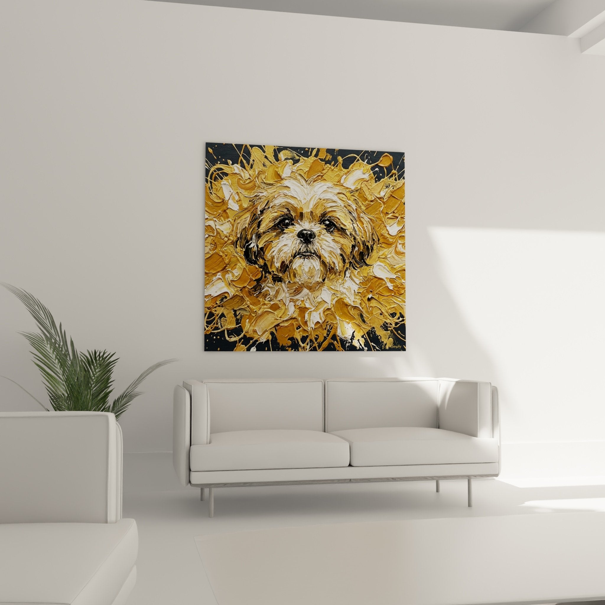 Dettaglio ritratto Shih Tzu pittura dorata che mostra la texture dell'impasto e lo sguardo espressivo del cane