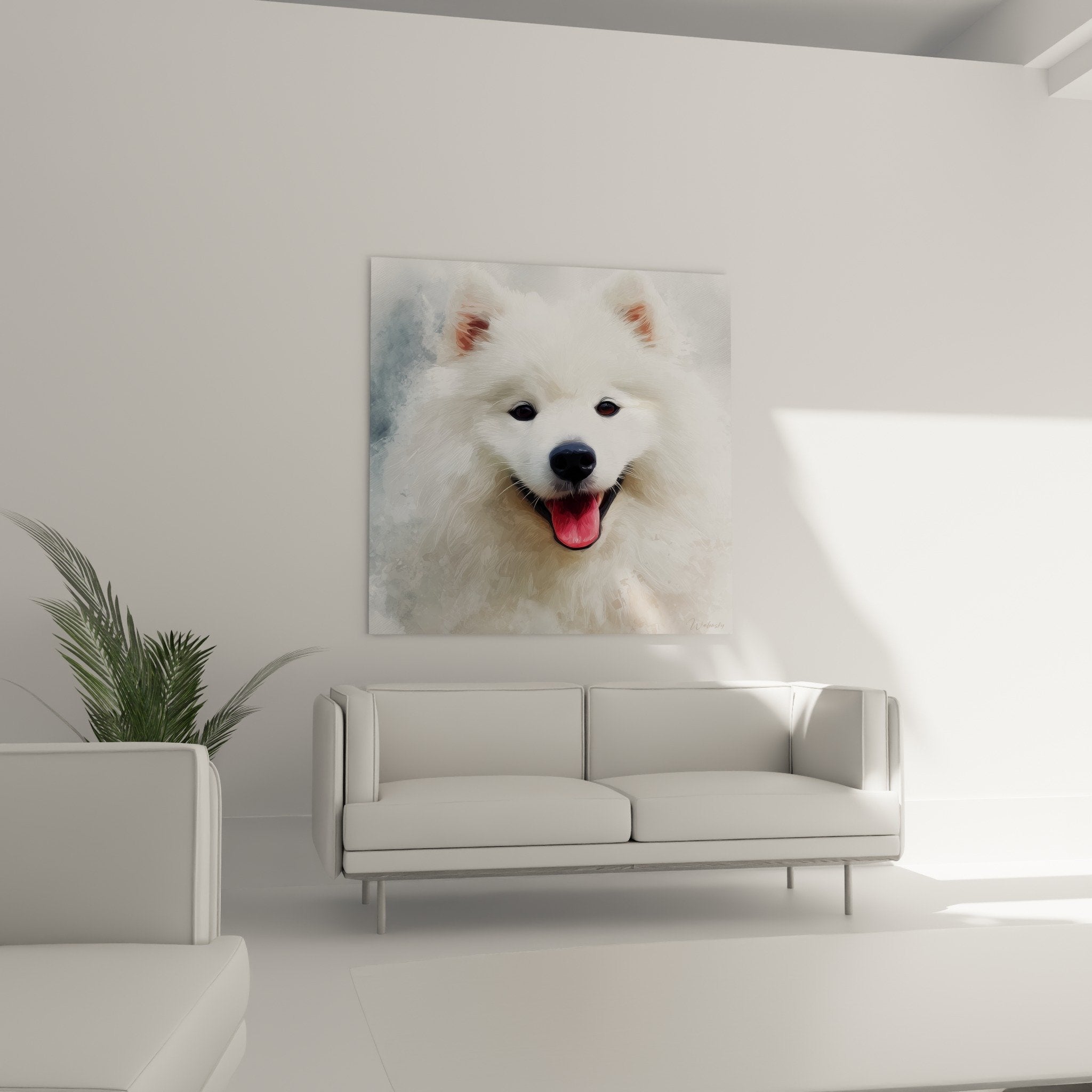 Gros plan portrait Spitz Japonais blanc yeux noirs expression joyeuse details pelage duveteux