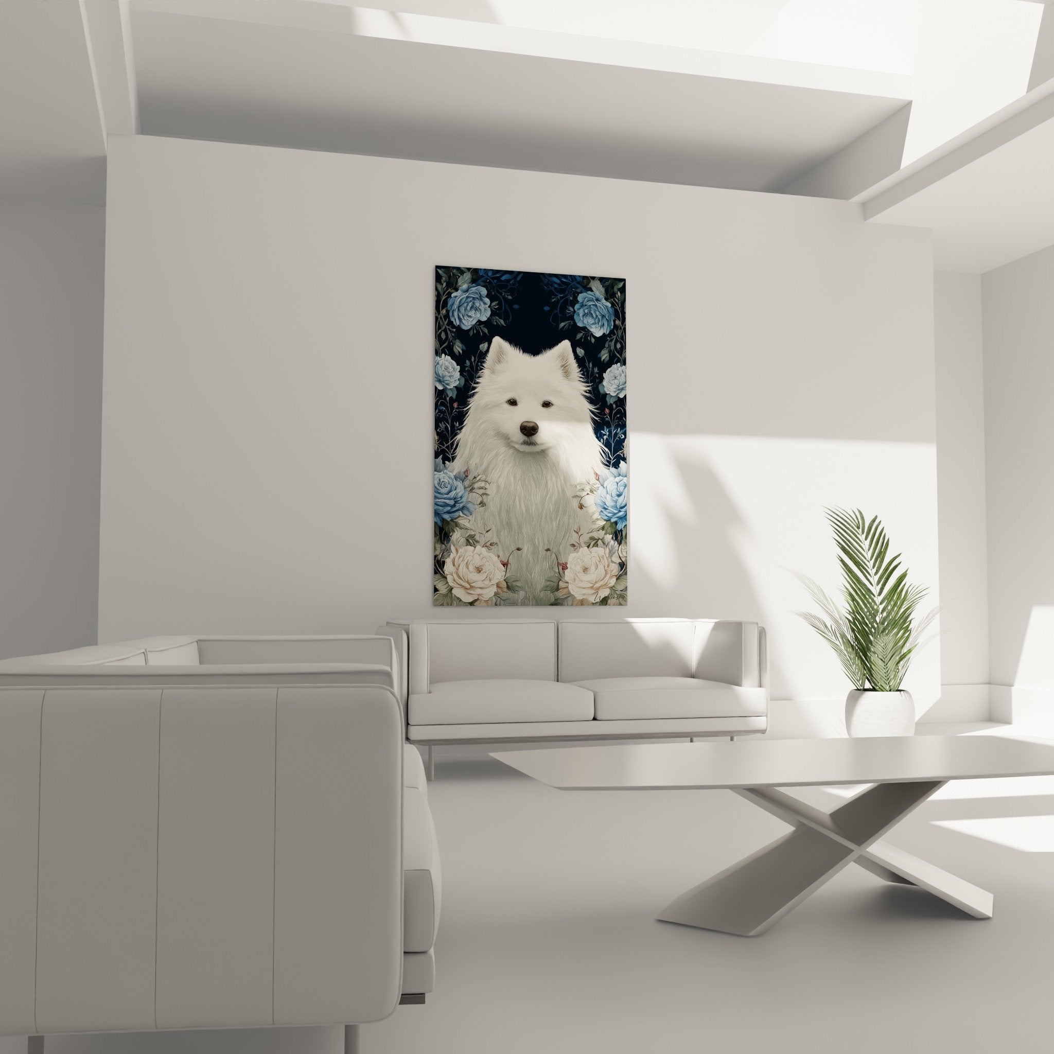 Detail portrait Spitz Japonais blanc pelage soyeux roses bleues style artistique japonais