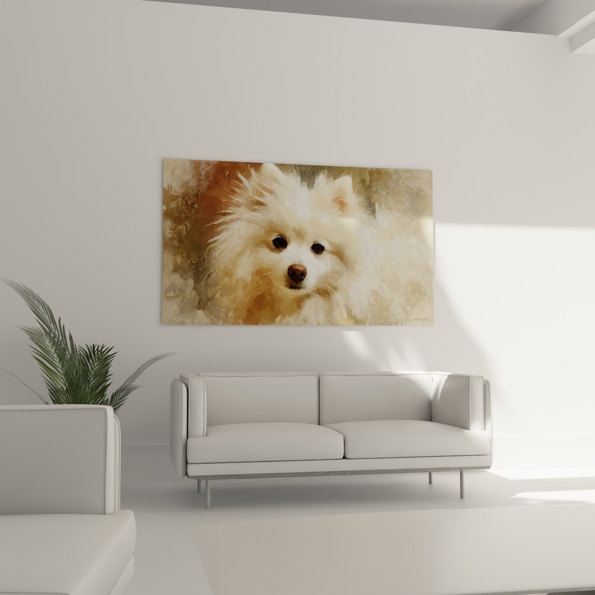 Détail portrait Spitz Japonais peinture fluide coups pinceau expressifs nuances dorées texture vivante