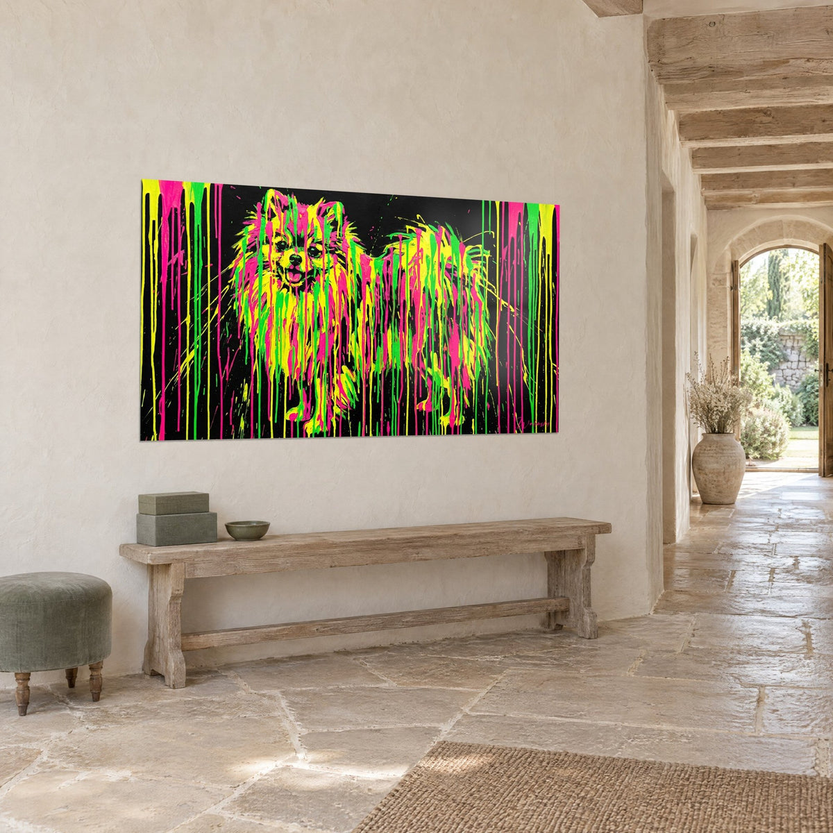 Wall art Pomeranian dog with fur splashed in bright green and pink, three-quarter view, vaulted stone corridor