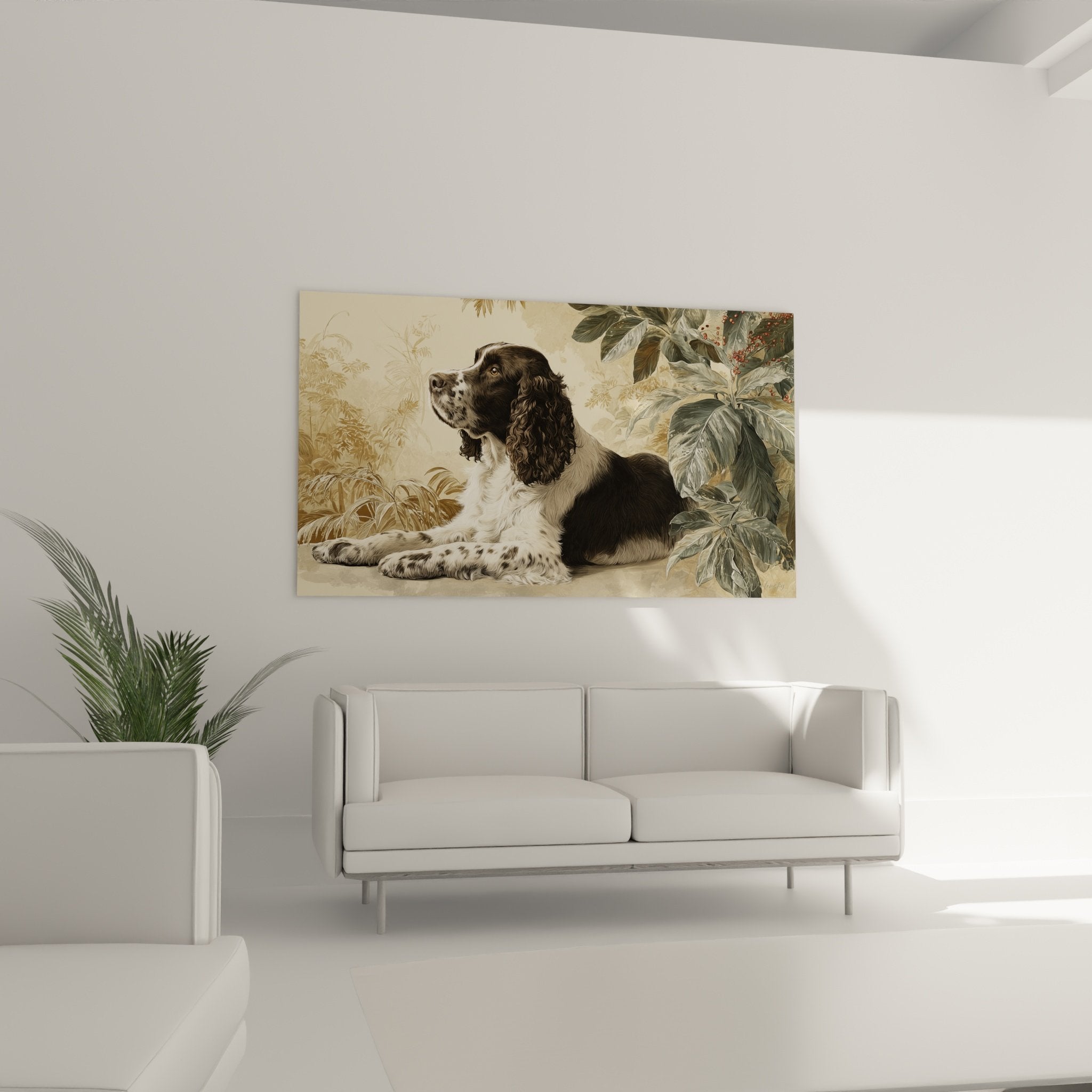 Détail portrait Springer Anglais regard expressif pelage noir blanc feuillages tropicaux arrière-plan