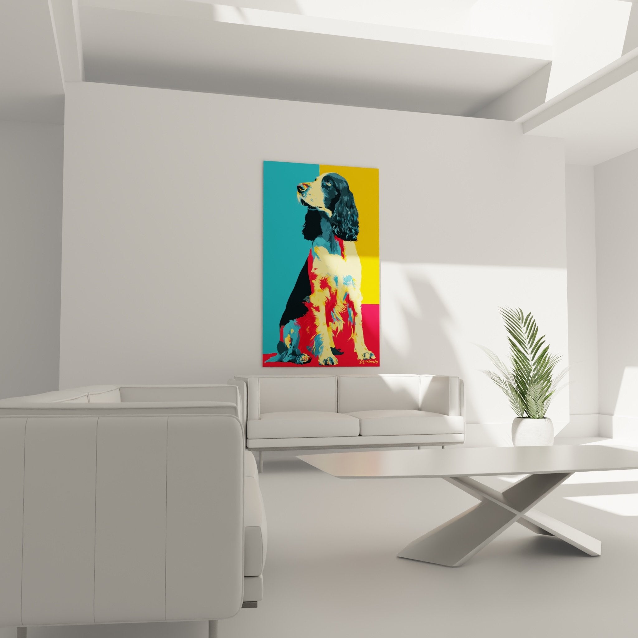 Detail portrait springer anglais pop art couleurs vives jaune turquoise technique artistique