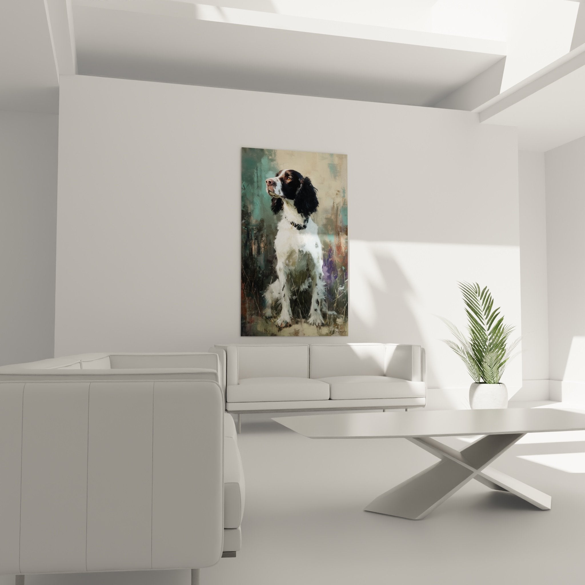 Detailporträt English Springer Spaniel mit goldenen Augen und weißer Schnauze, impressionistische Pinseltechnik