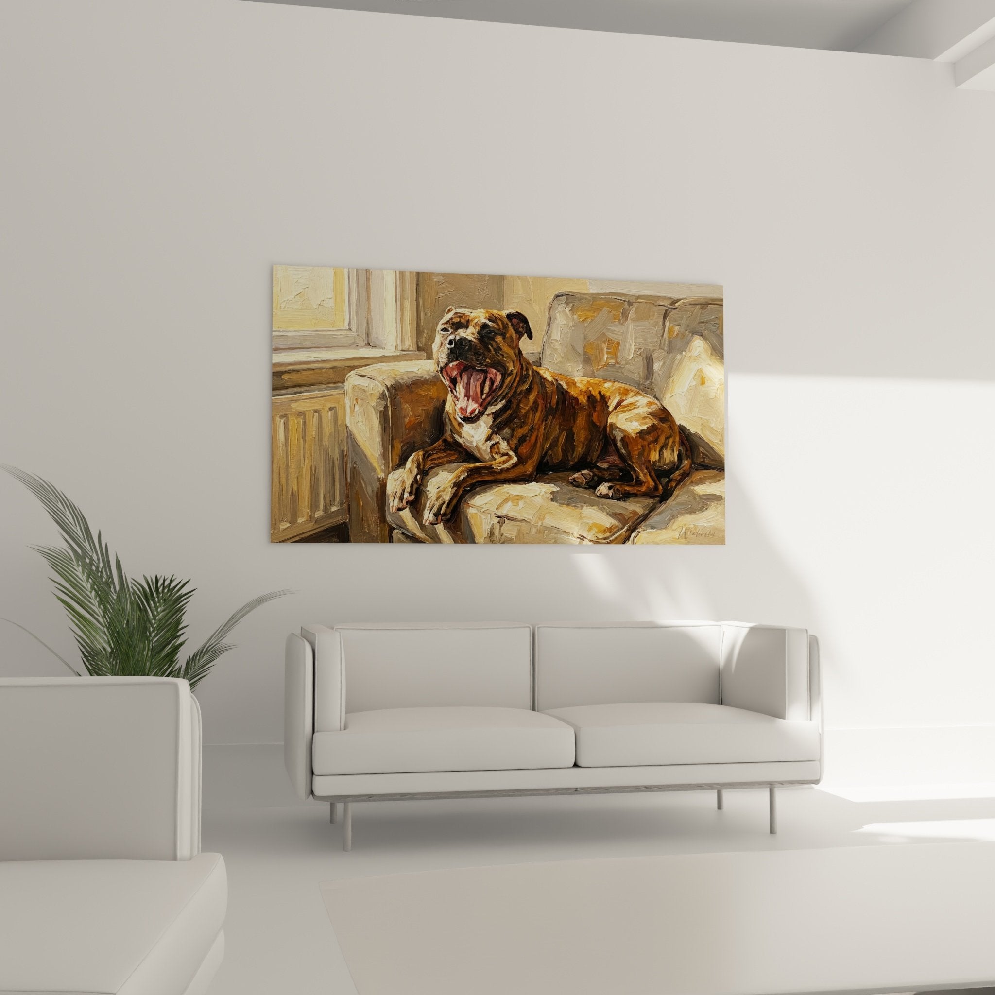 Détail peinture portrait Staffordshire Bull Terrier bâillement texture empâtements reflets dorés technique réaliste