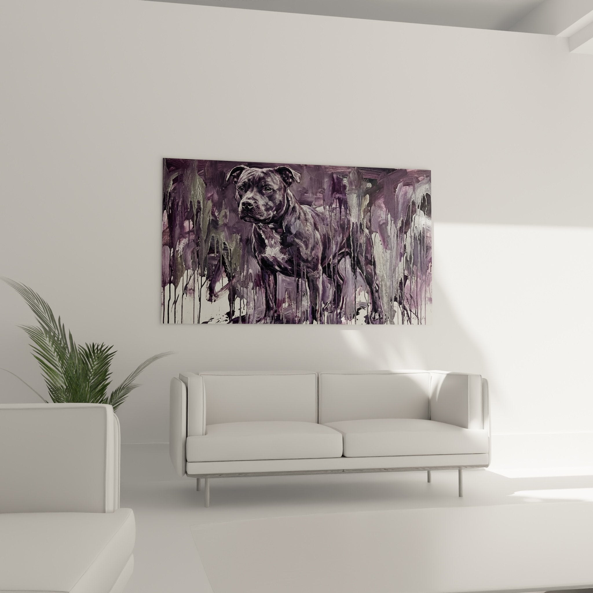 Détail portrait canin violet coulures peinture texture artistique Staffordshire Bull Terrier gros plan