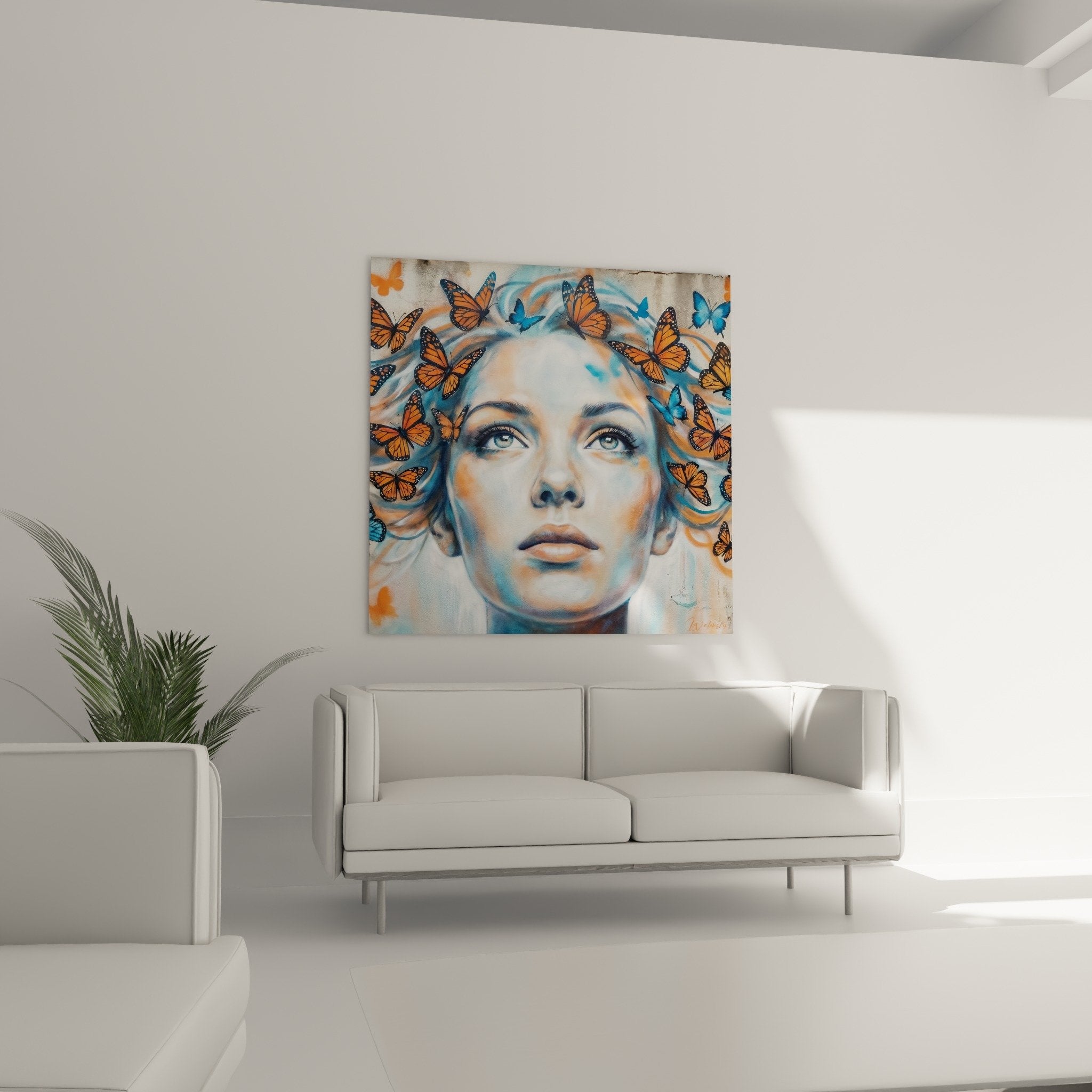 Detailporträt Street-Art Frau blaue Augen orangefarbene Monarchfalter realistische Technik