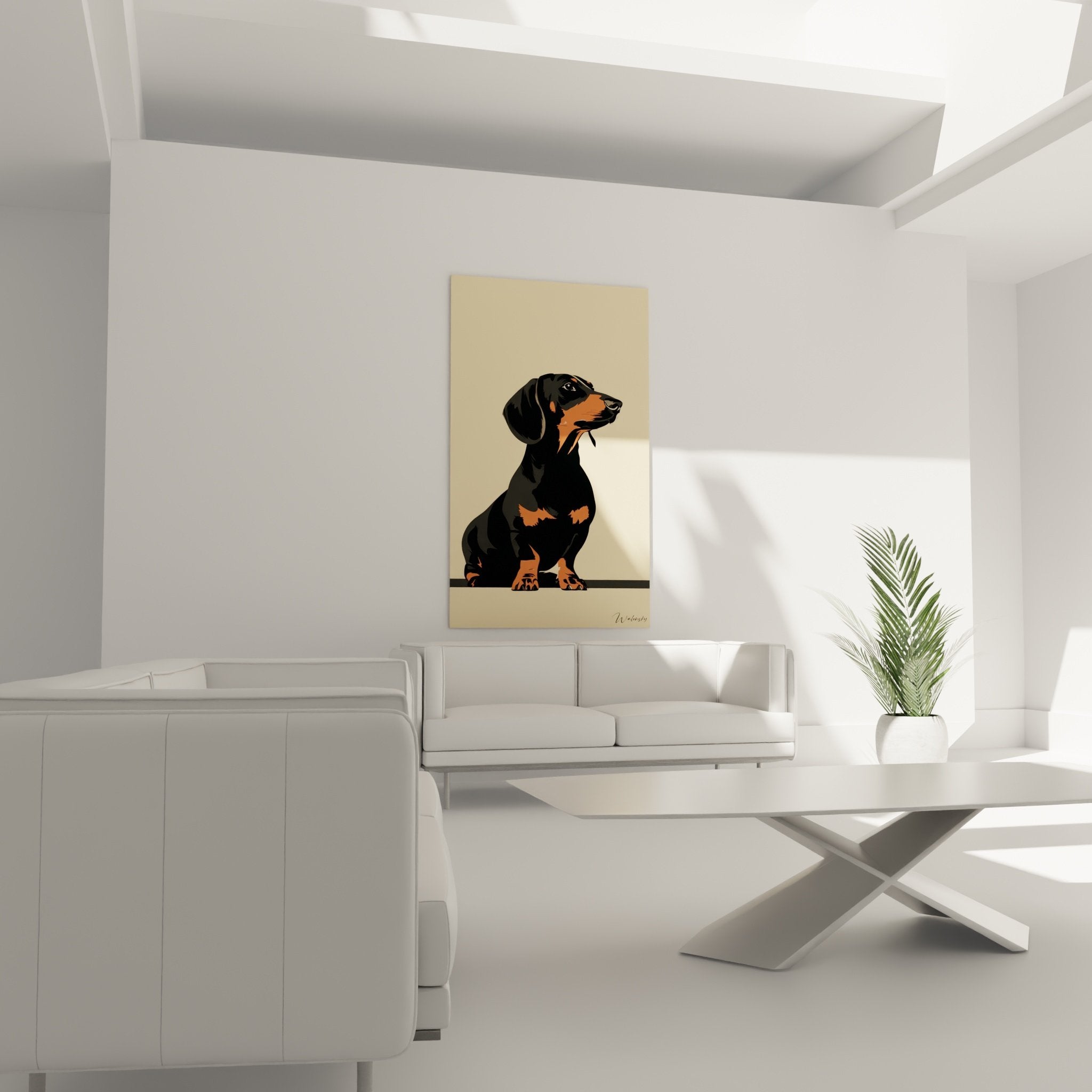 Detail portrait teckel noir et orange, art mural canin contemporain aux couleurs chaudes