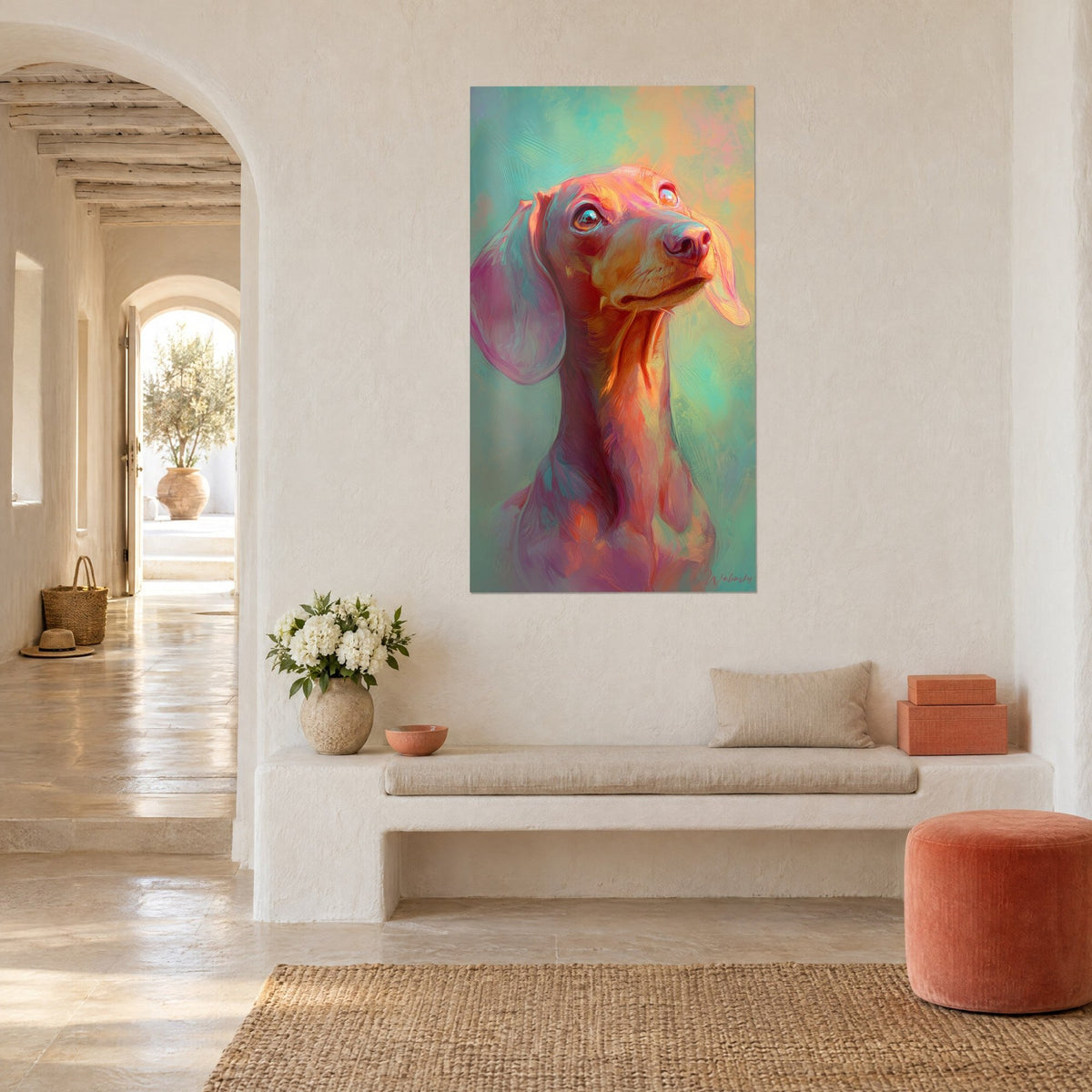 Wall art basset hound with large pink ears, fine muzzle and golden highlights on a sea-green background, whitewashed wall, Mediterranean home