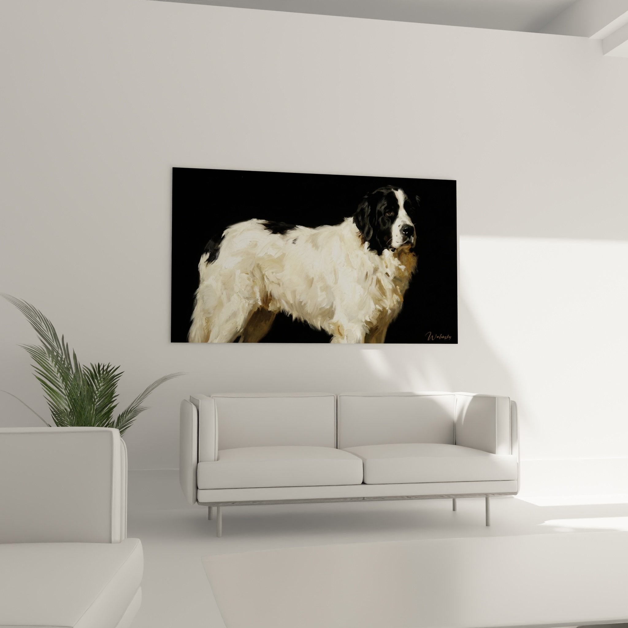 Détail portrait Terre Neuve peinture numérique, contraste pelage noir et blanc