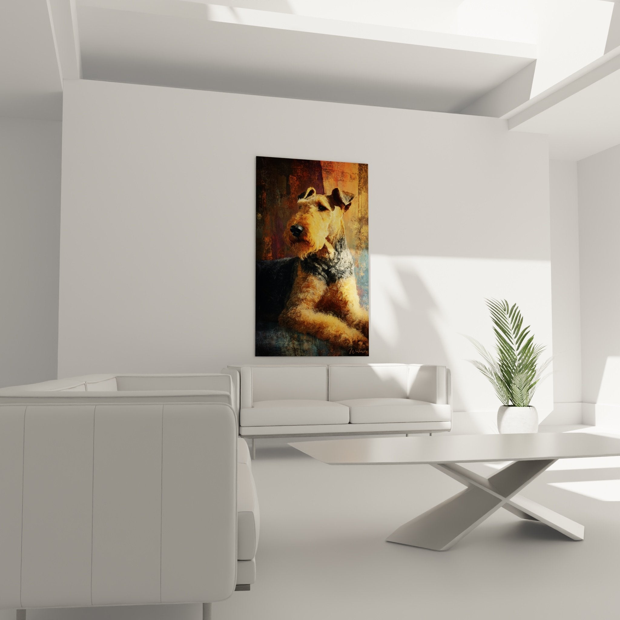 Detail portrait chien terrier peinture tons ocre texture pelage realiste