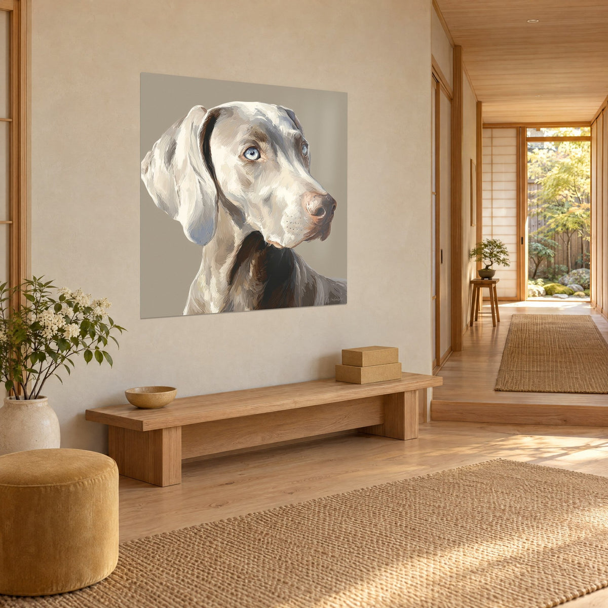 Gemälde Porträt eines grauen Hundes mit rosafarbener Schnauze und hängendem Ohr, taupefarbener Hintergrund, schräg gesehen in einem Japandi-Flur