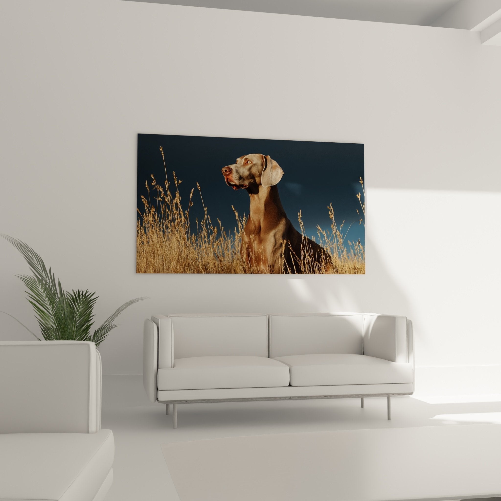 Détail portrait Weimaraner regard ambré intense robe gris-beige texture graminées dorées