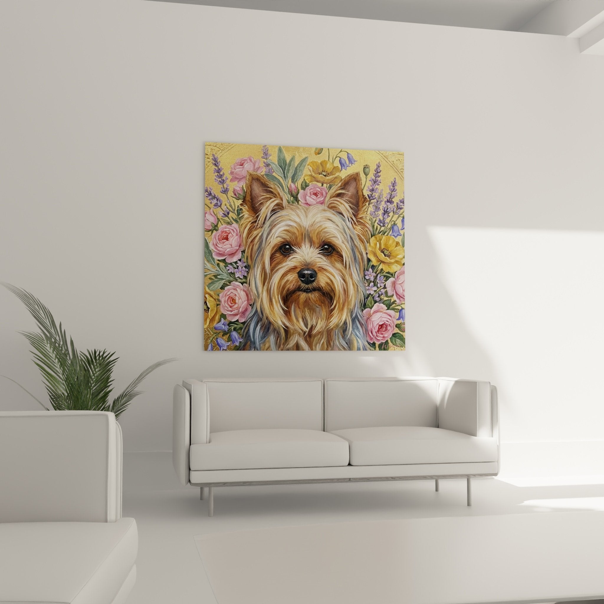 Detailporträt Yorkshire Terrier mit seideigem blondem braunem Fell mit pudrigen Rosen und blauen Glockenblumen