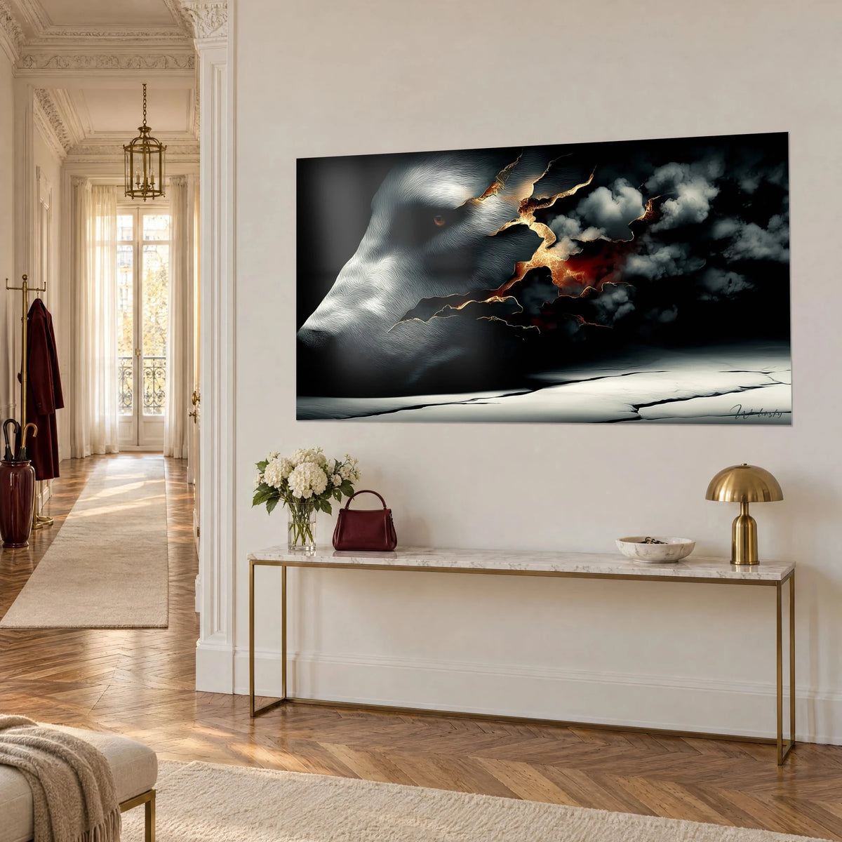 Tableau mâchoire fantomatique argentée éclatée par des veines de magma rouge et or, nuages noirs, trois-quarts, console dorée