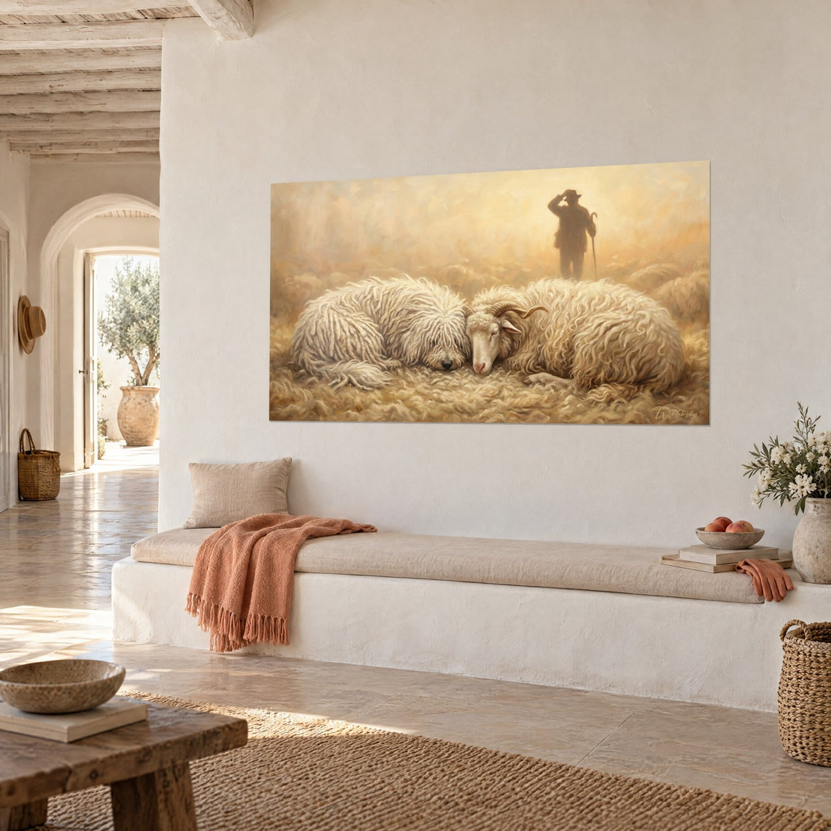 Tableau bélier aux cornes enroulées endormi contre son chien à cordes, toison ivoire sur paille miel, dans un salon méditerranéen