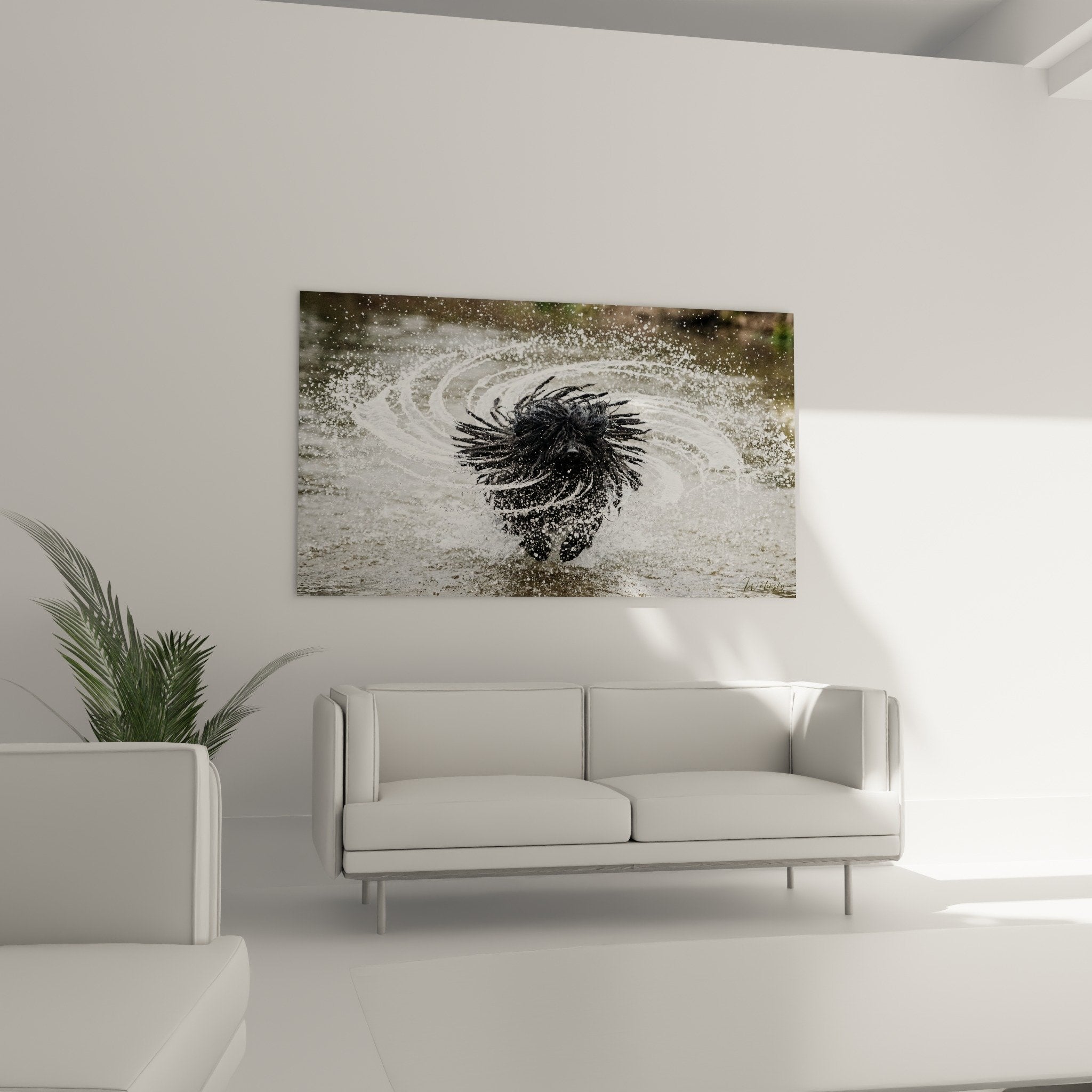 detail proche tableau puli cordelettes noires mouvement eau cristalline eclaboussures